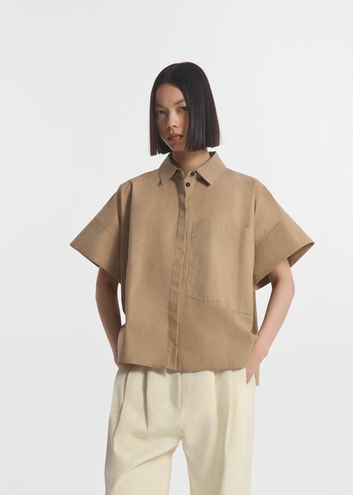 Boxy Short Sleeve Shirt in Cotton Poplin - Camel, image 2 of 5