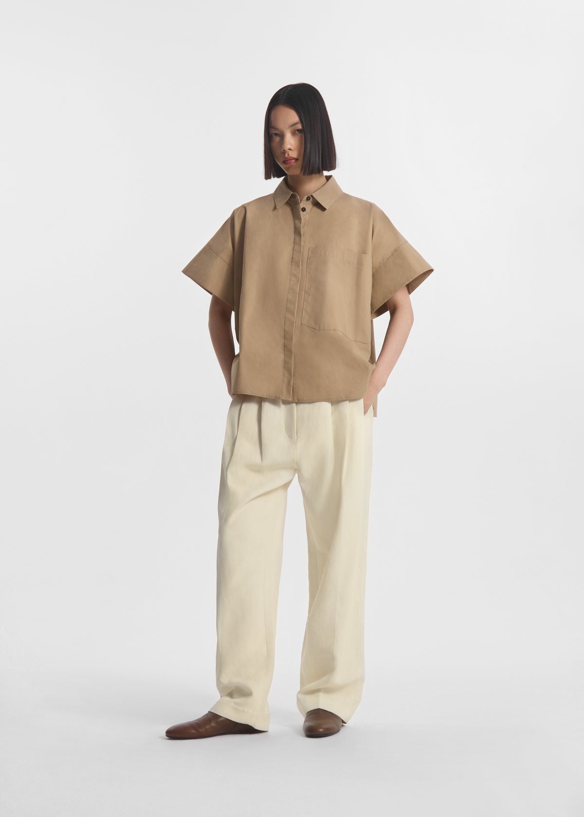 Boxy Short Sleeve Shirt in Cotton Poplin - Camel, image 1 of 5