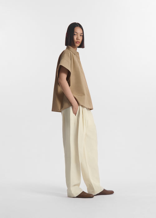 Boxy Short Sleeve Shirt in Cotton Poplin - Camel, image 3 of 5