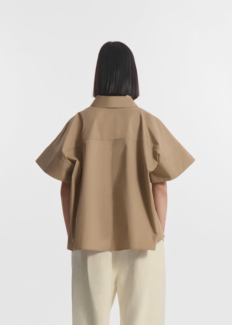 Boxy Short Sleeve Shirt in Cotton Poplin - Camel, image 4 of 5