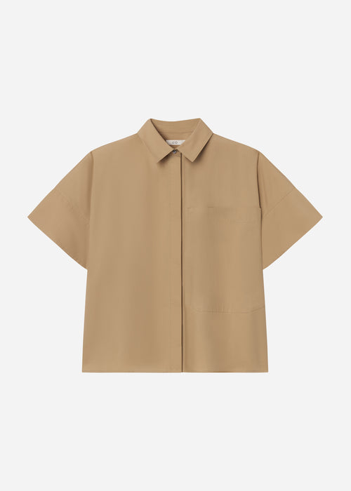 Boxy Short Sleeve Shirt in Cotton Poplin - Camel, image 5 of 5