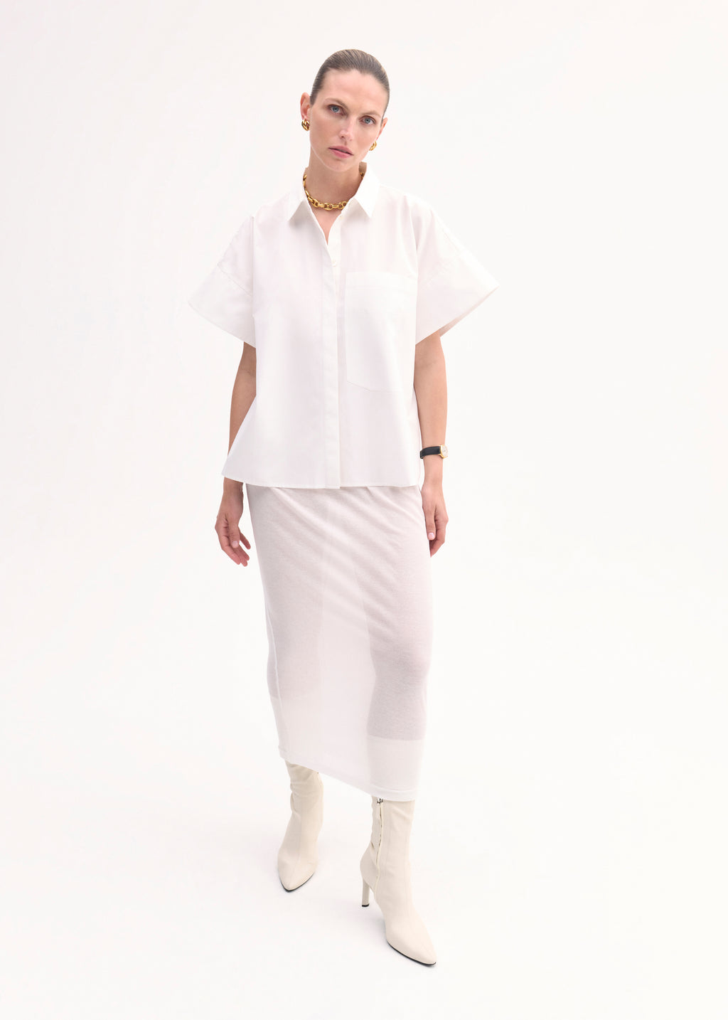 Boxy Short Sleeve Shirt in Cotton Poplin - White - CO