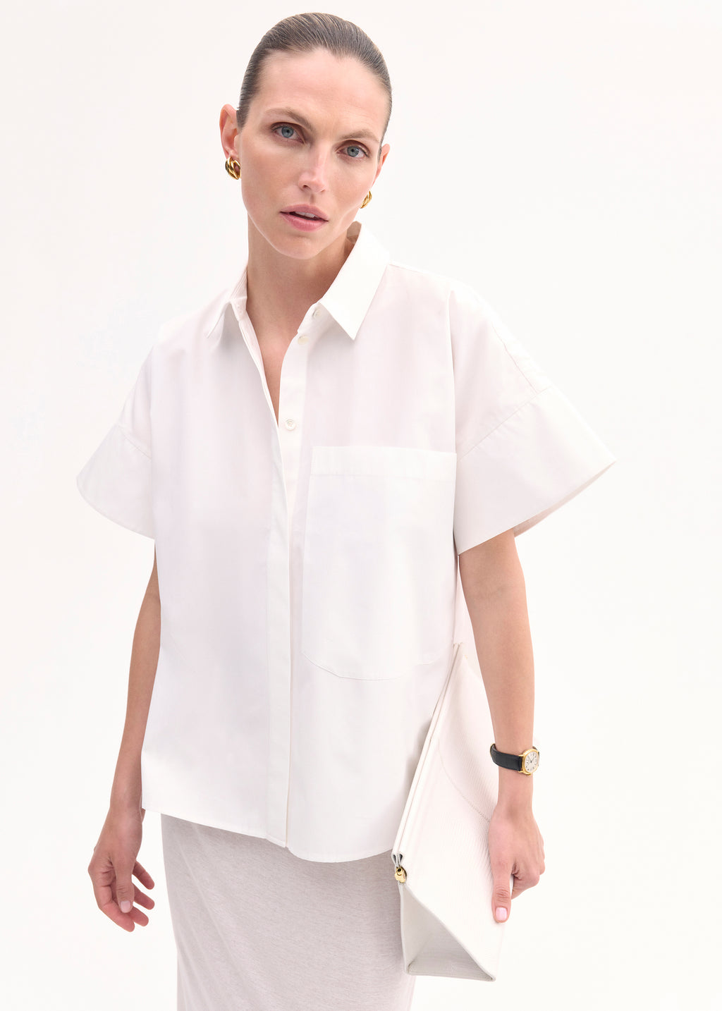 Boxy Short Sleeve Shirt in Cotton Poplin - White - CO