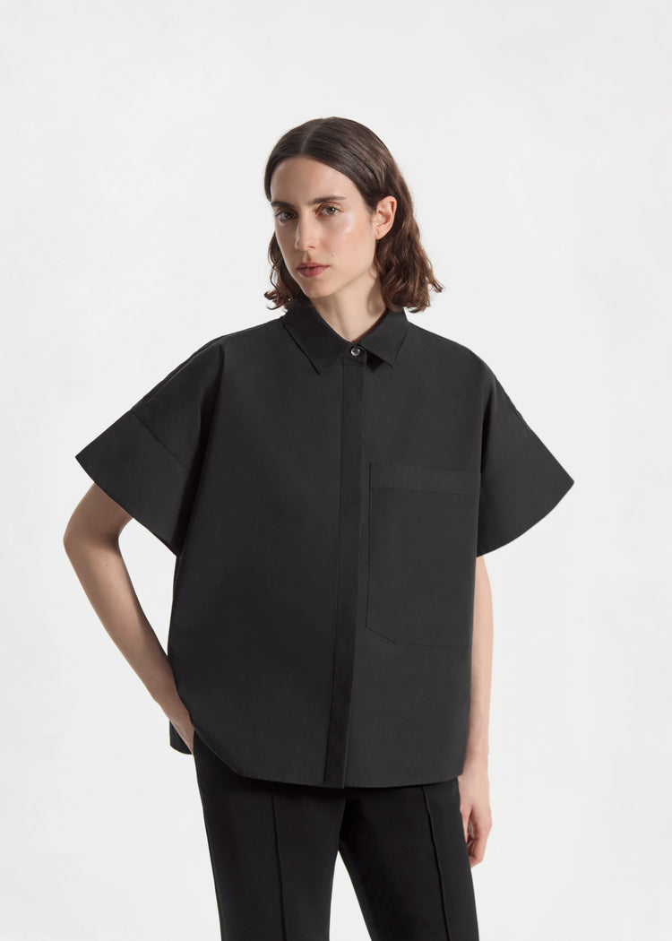 Boxy Short Sleeve Shirt in Cotton Poplin - Black, image 1 of 5