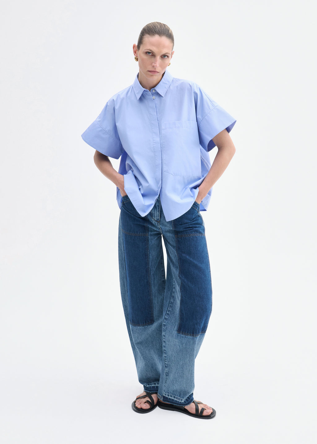 Boxy Short Sleeve Shirt in Cotton Poplin - Blue - CO
