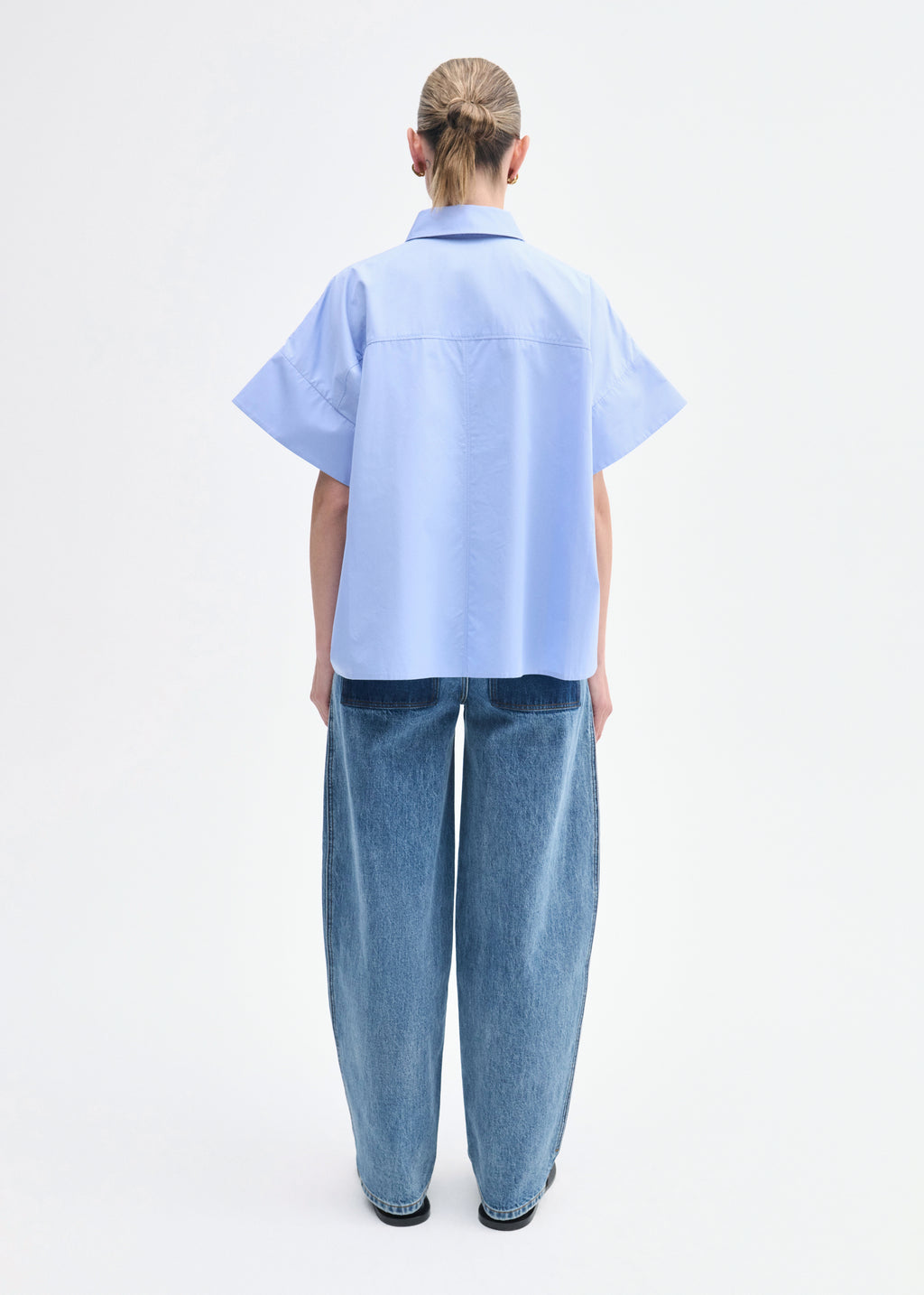 Boxy Short Sleeve Shirt in Cotton Poplin - Blue - CO
