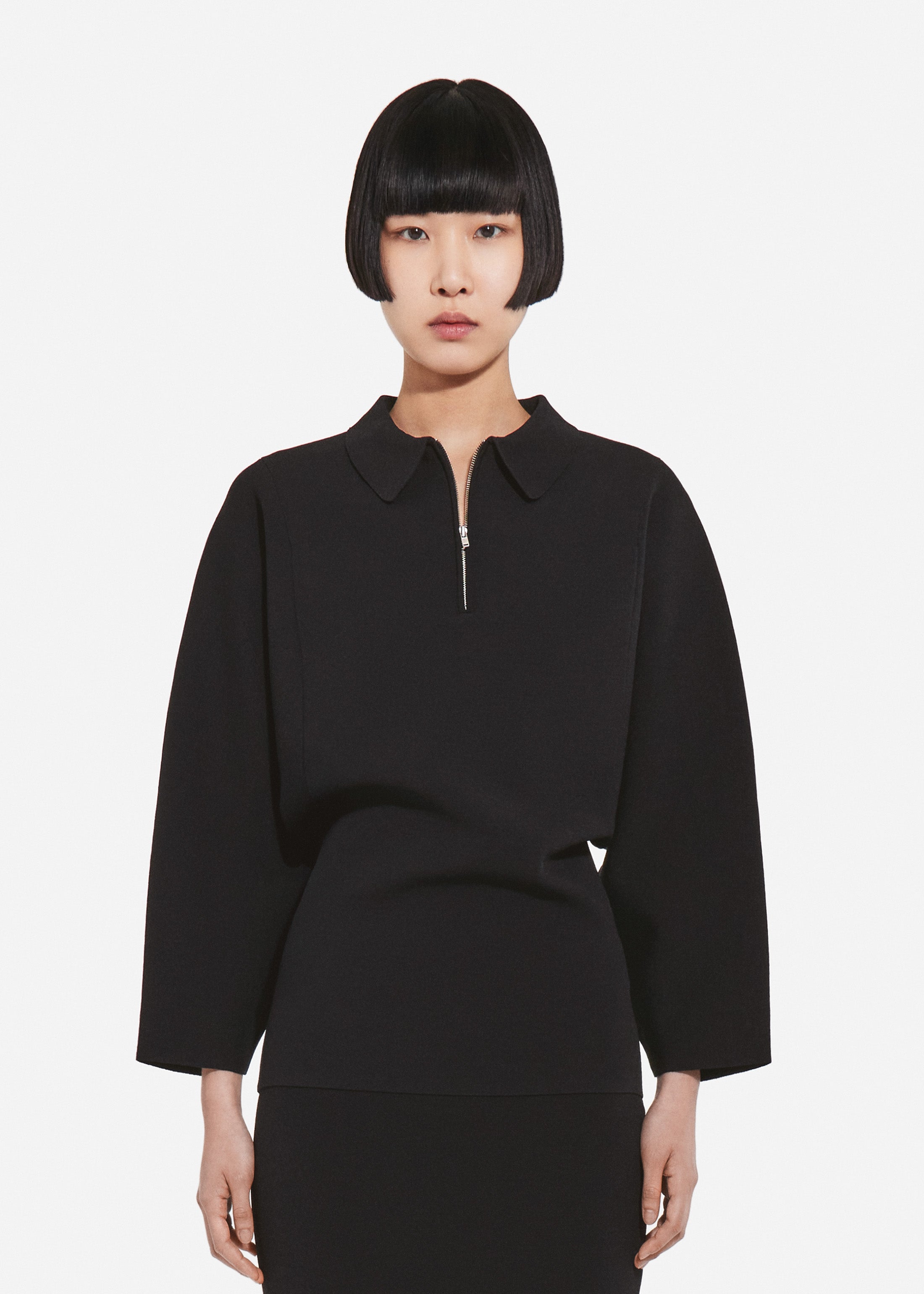 Collared Zipper Polo Top in Viscose - Black