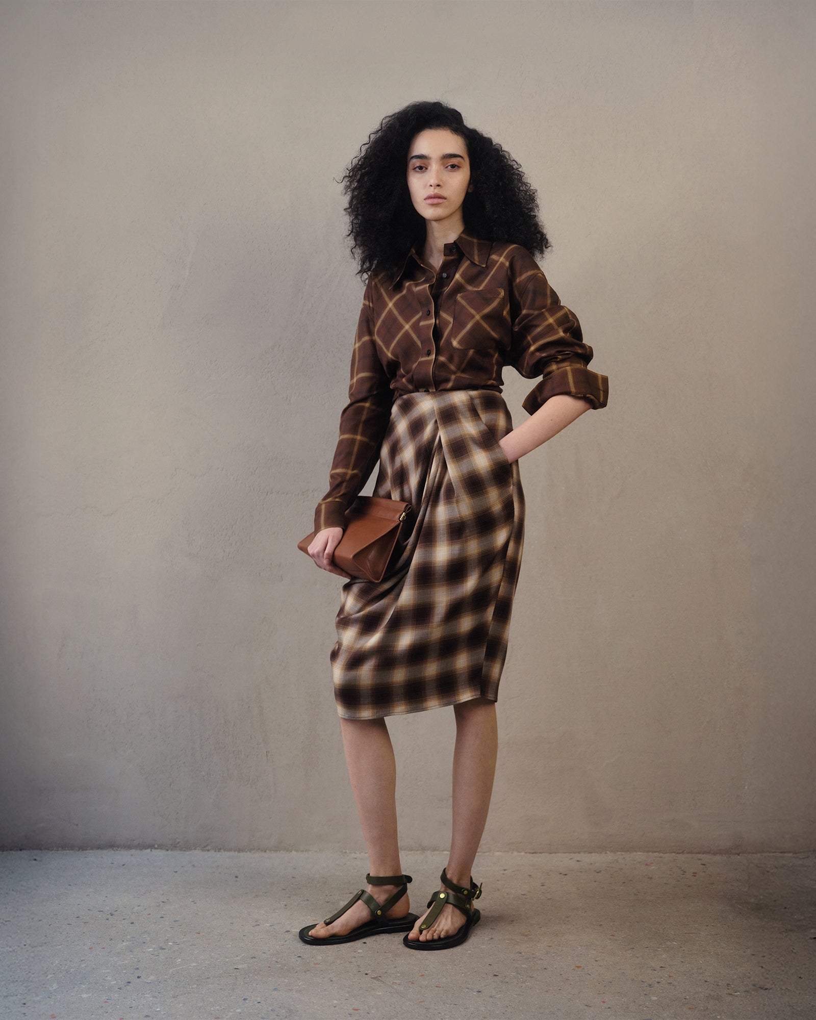 Draped Skirt in Tencel Plaid - Brown Multi