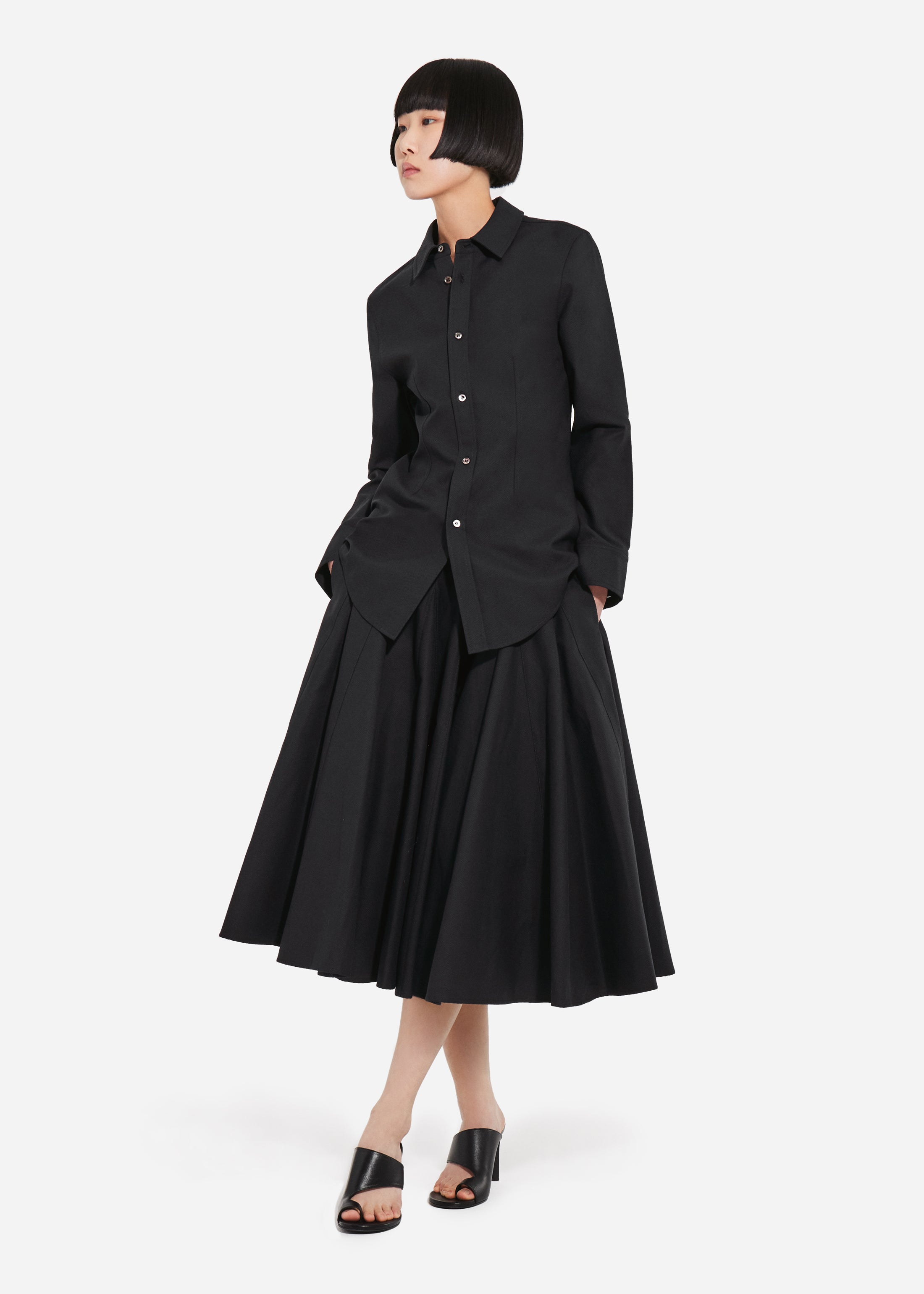 Godet Midi Skirt in Cotton Pique - Black