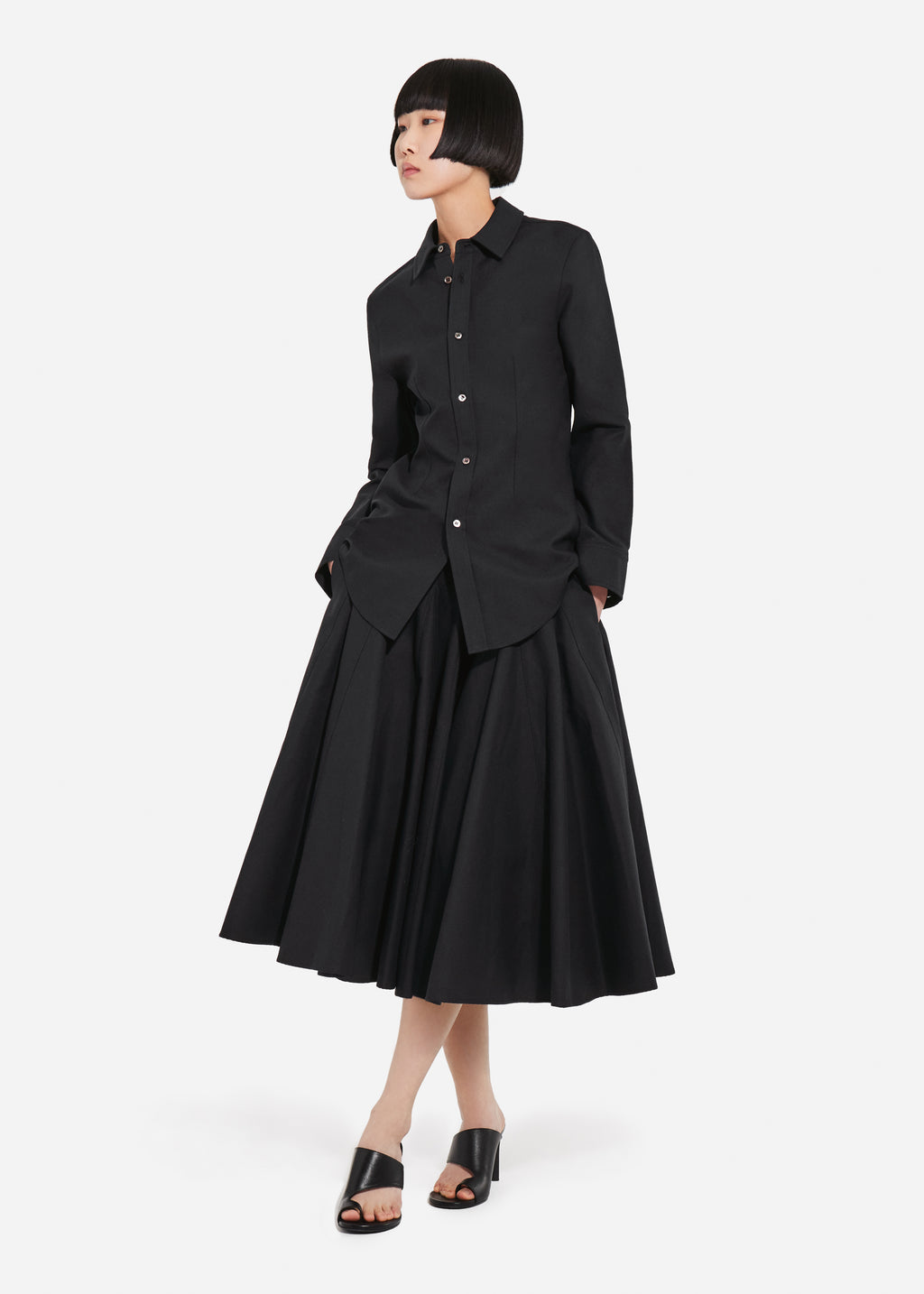 Godet Midi Skirt in Cotton Pique - Black - CO