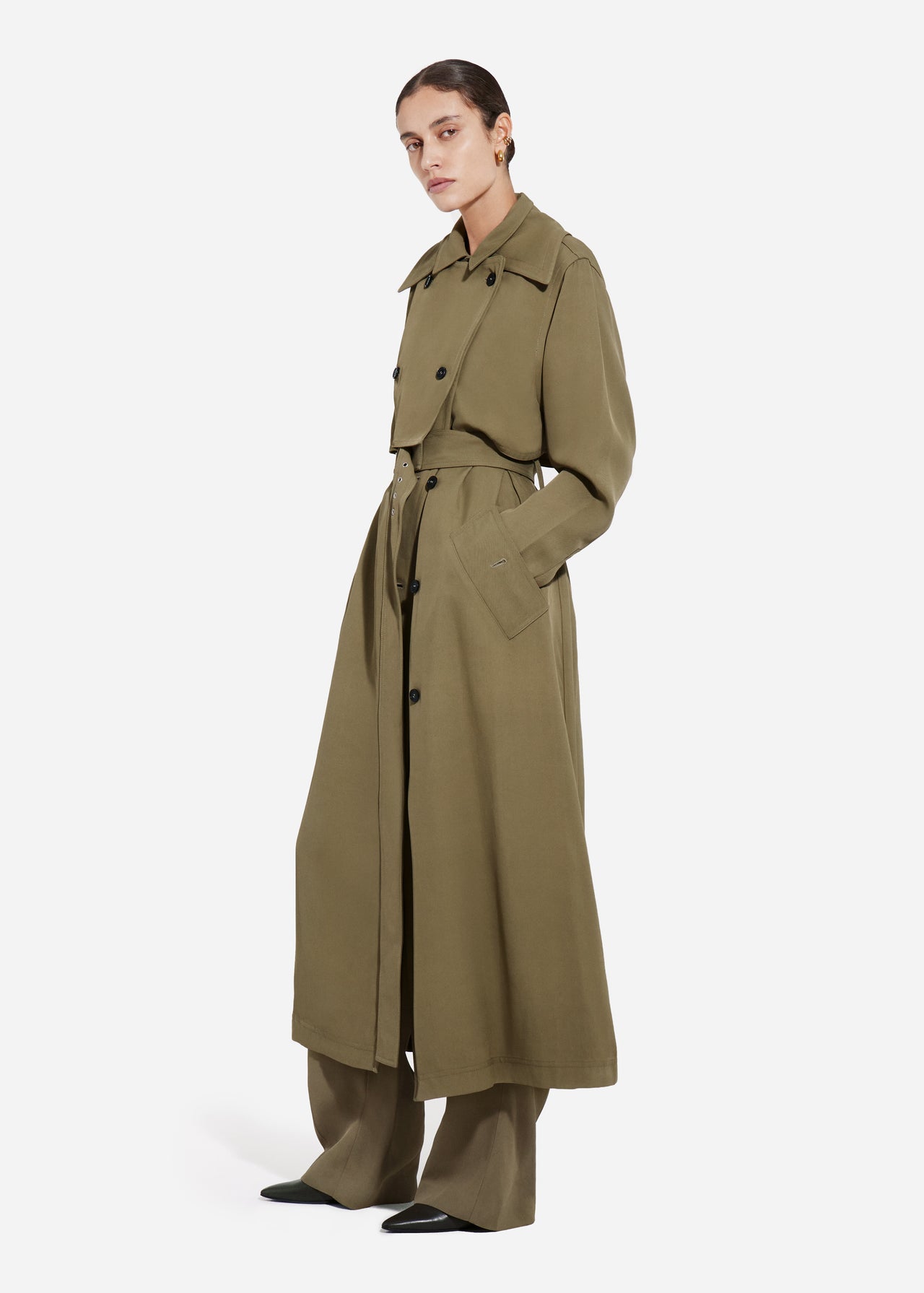 Double Layer Belted Trench in Viscose Twill - Aloe - CO
