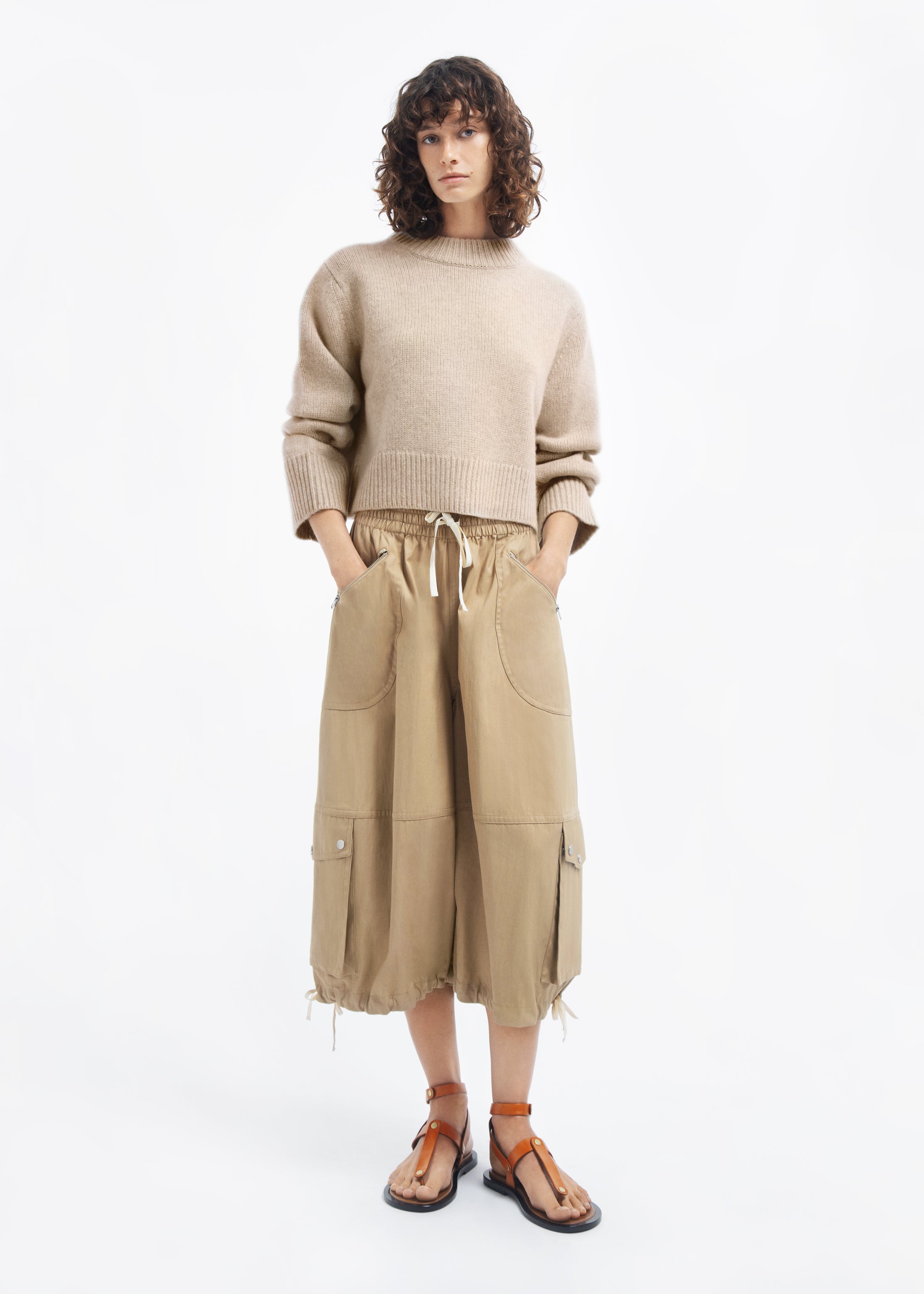 Cropped Oversized Sweater in Cashmere - Beige Melange