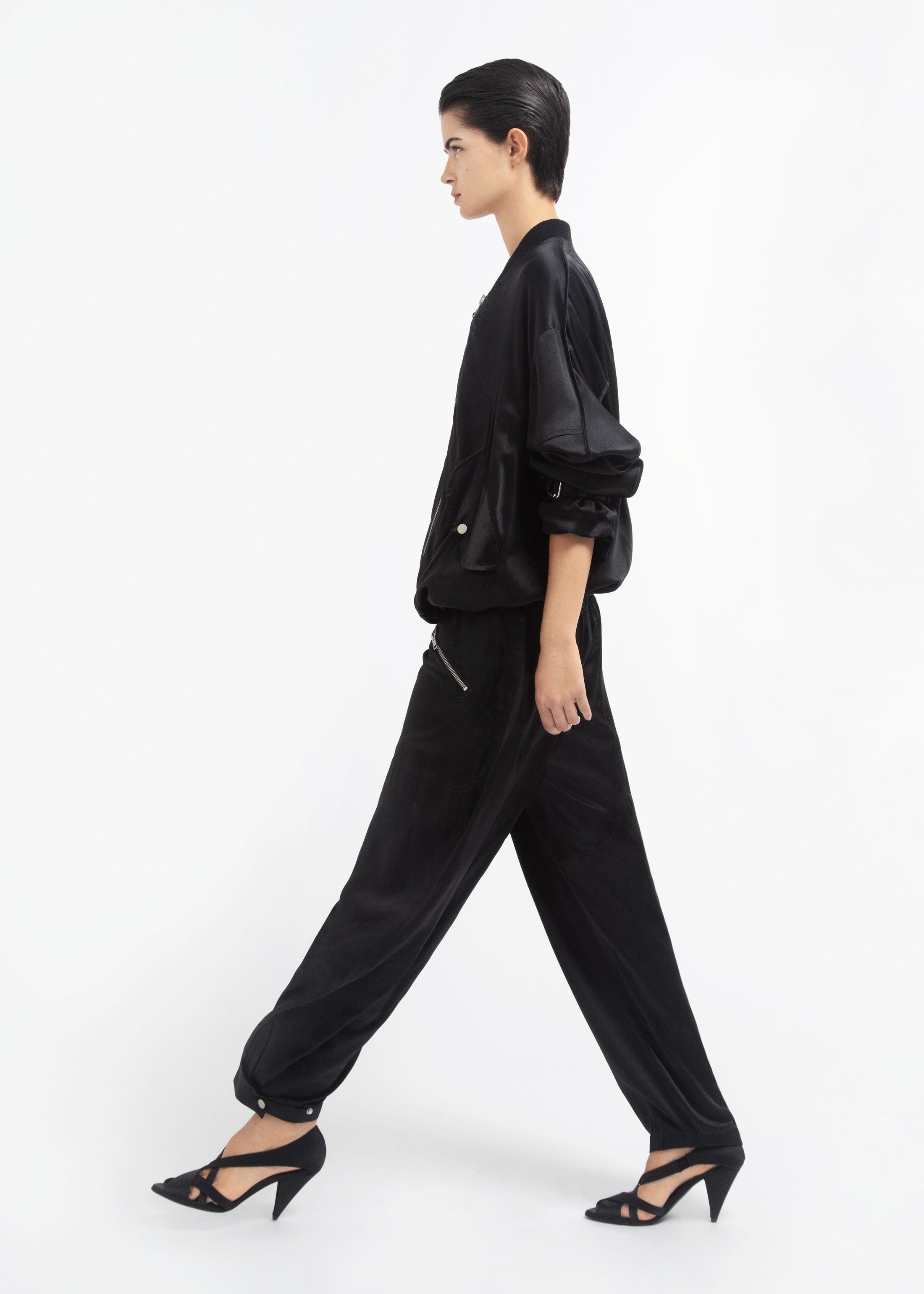 Ribbed Jogger in Silk Charmeuse - Black