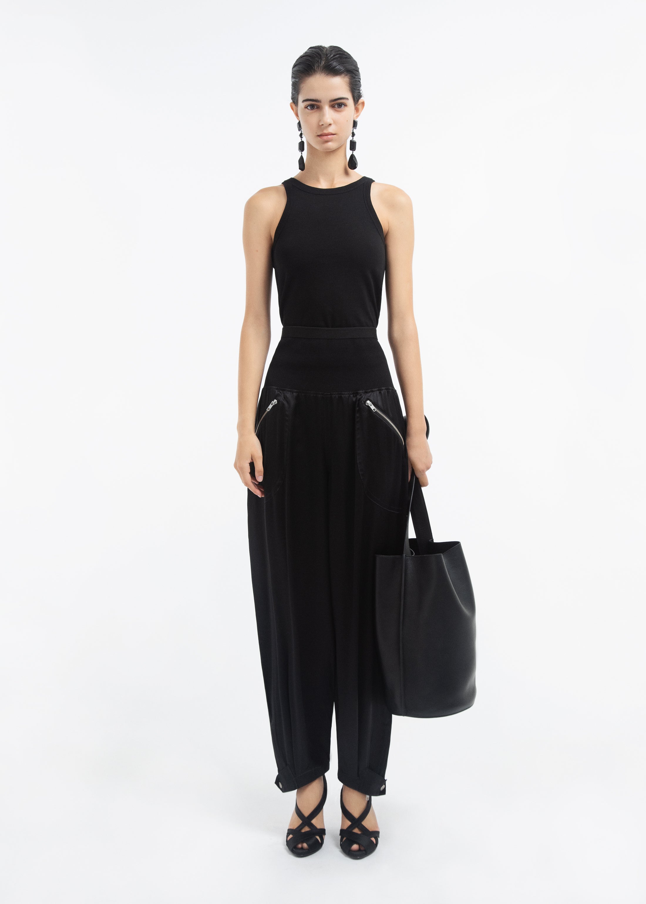 Ribbed Jogger in Silk Charmeuse - Black