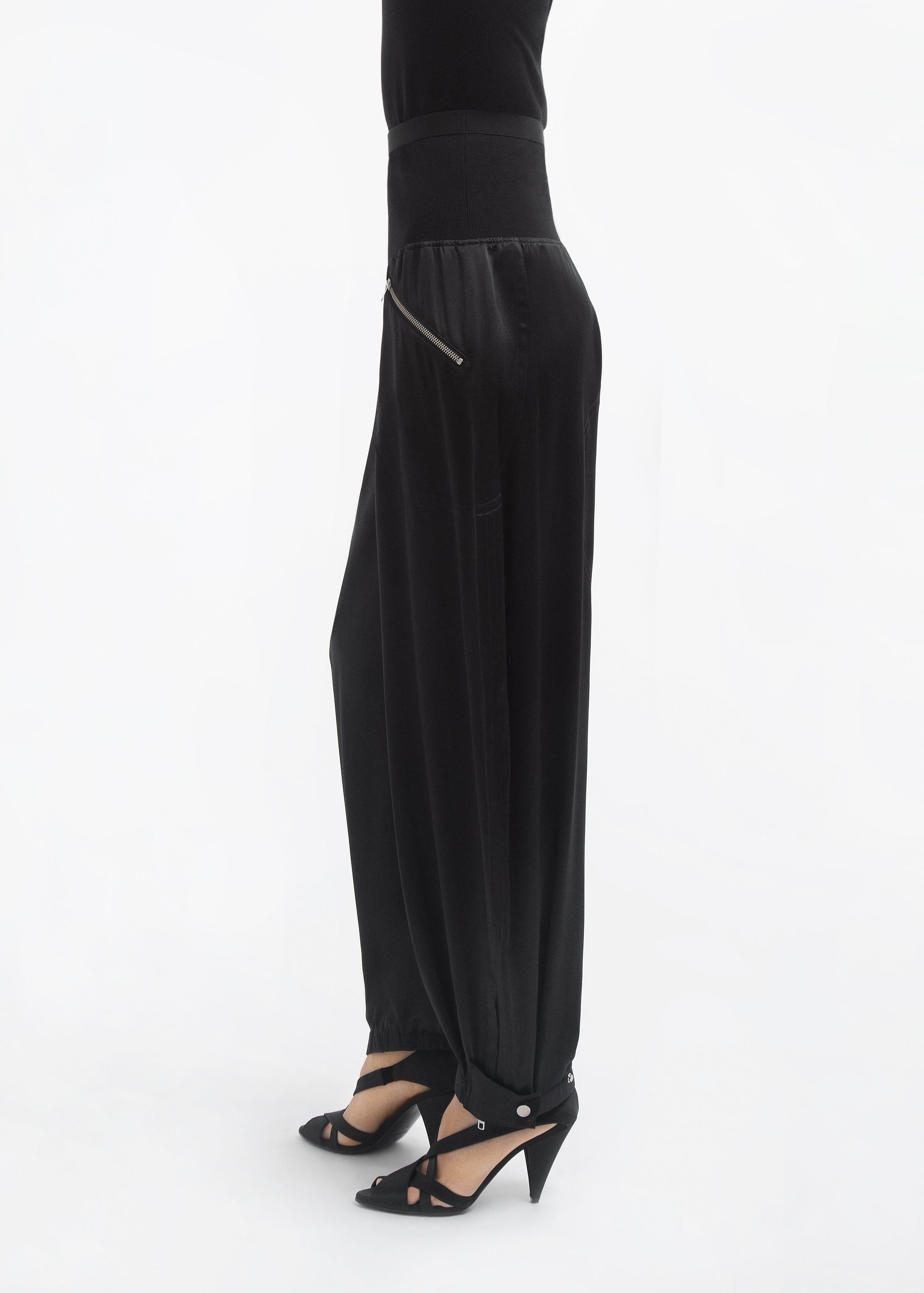 Ribbed Jogger in Silk Charmeuse - Black