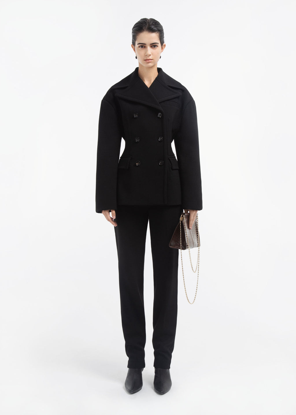 Double Breasted Peplum Jacket in Wool - Black - CO