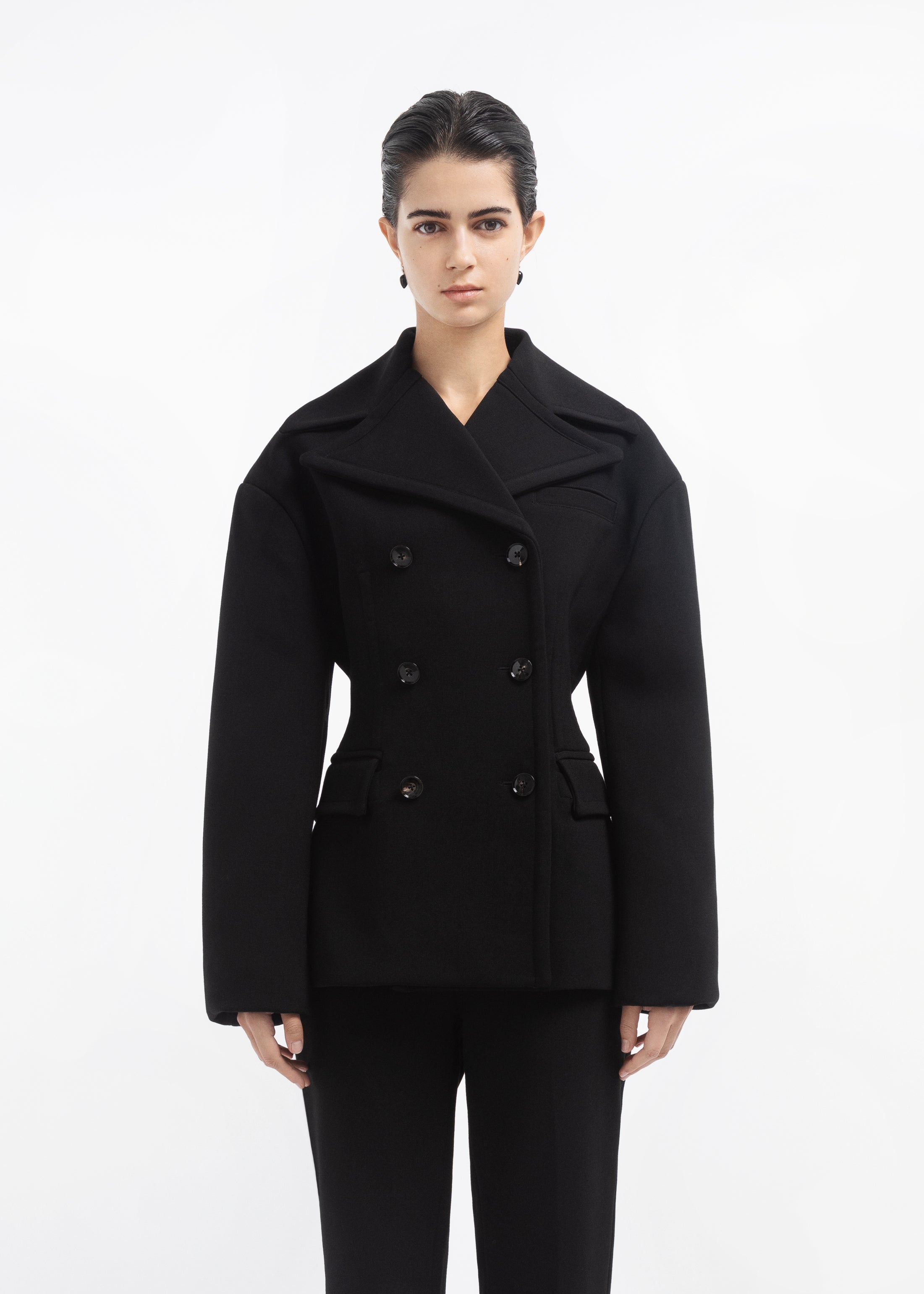Double Breasted Peplum Jacket in Wool - Black
