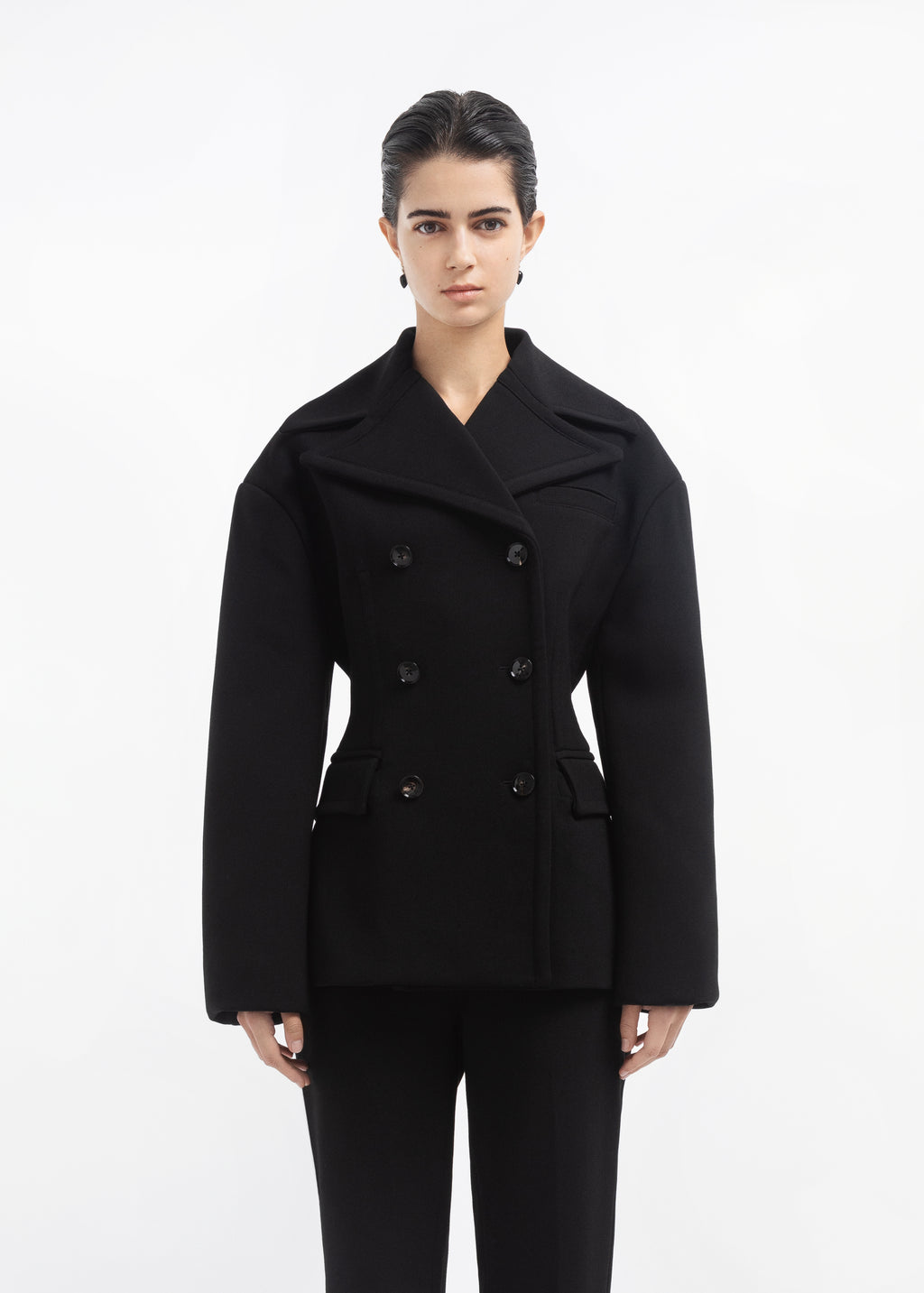 Double Breasted Peplum Jacket in Wool - Black - CO