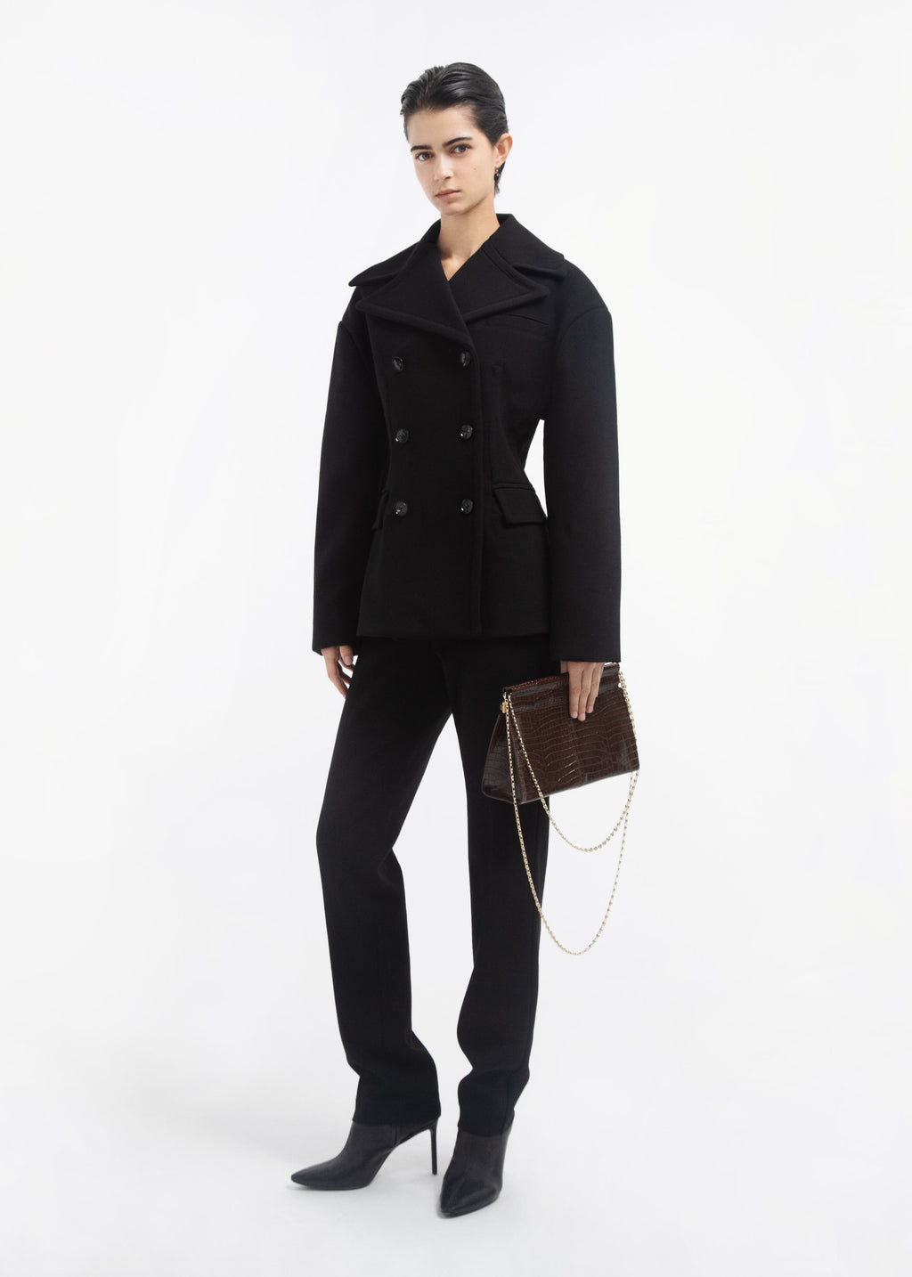 Double Breasted Peplum Jacket in Wool - Black - CO