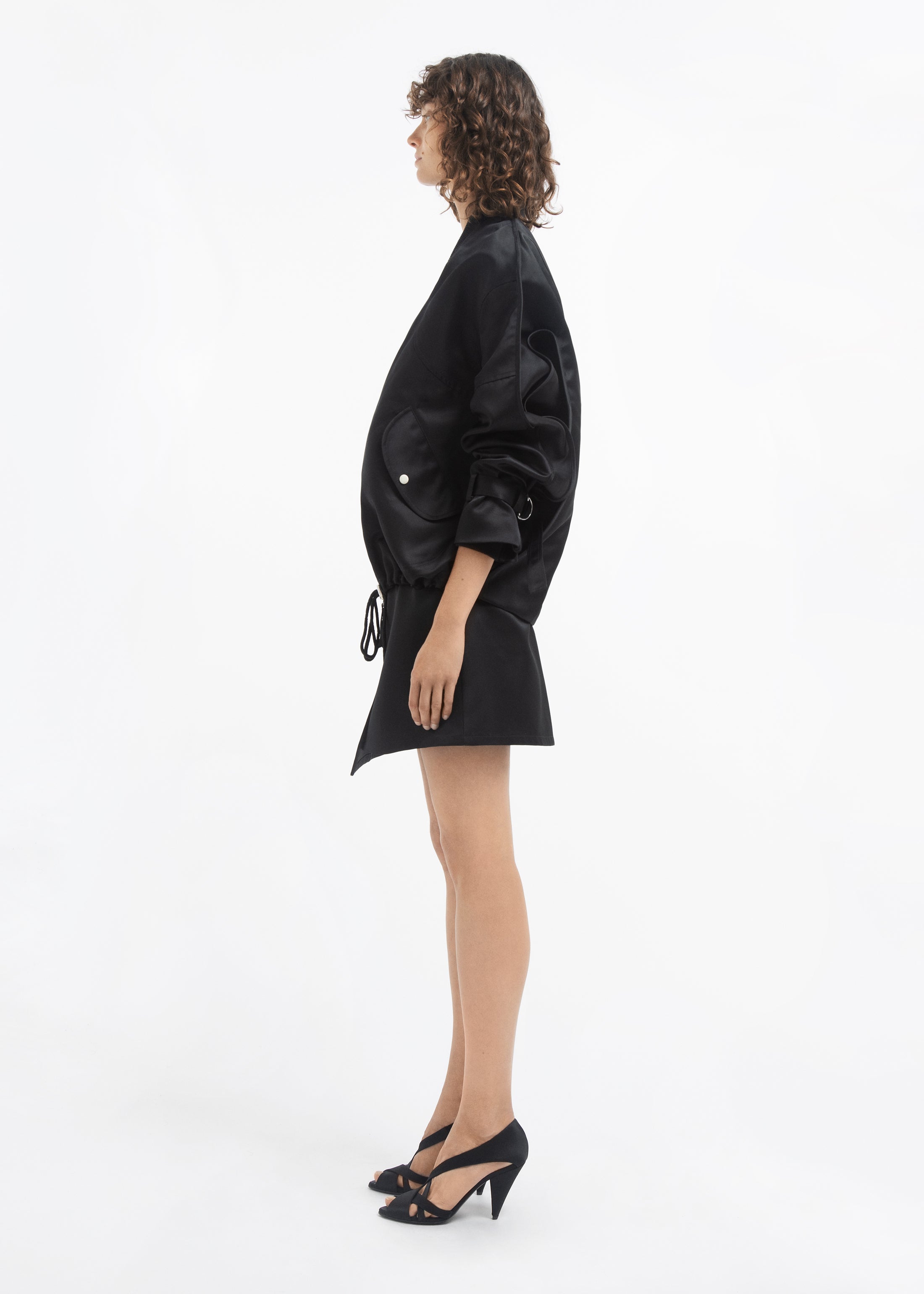 Open Toe Heeled Sandal in Satin - Black