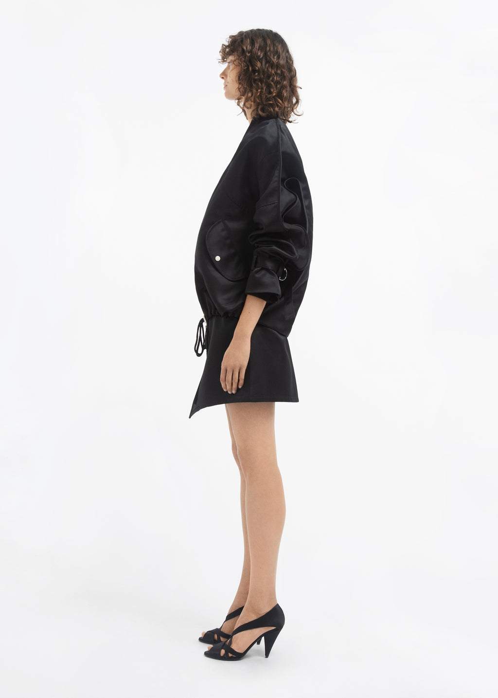 Open Toe Heeled Sandal in Satin - Black - CO