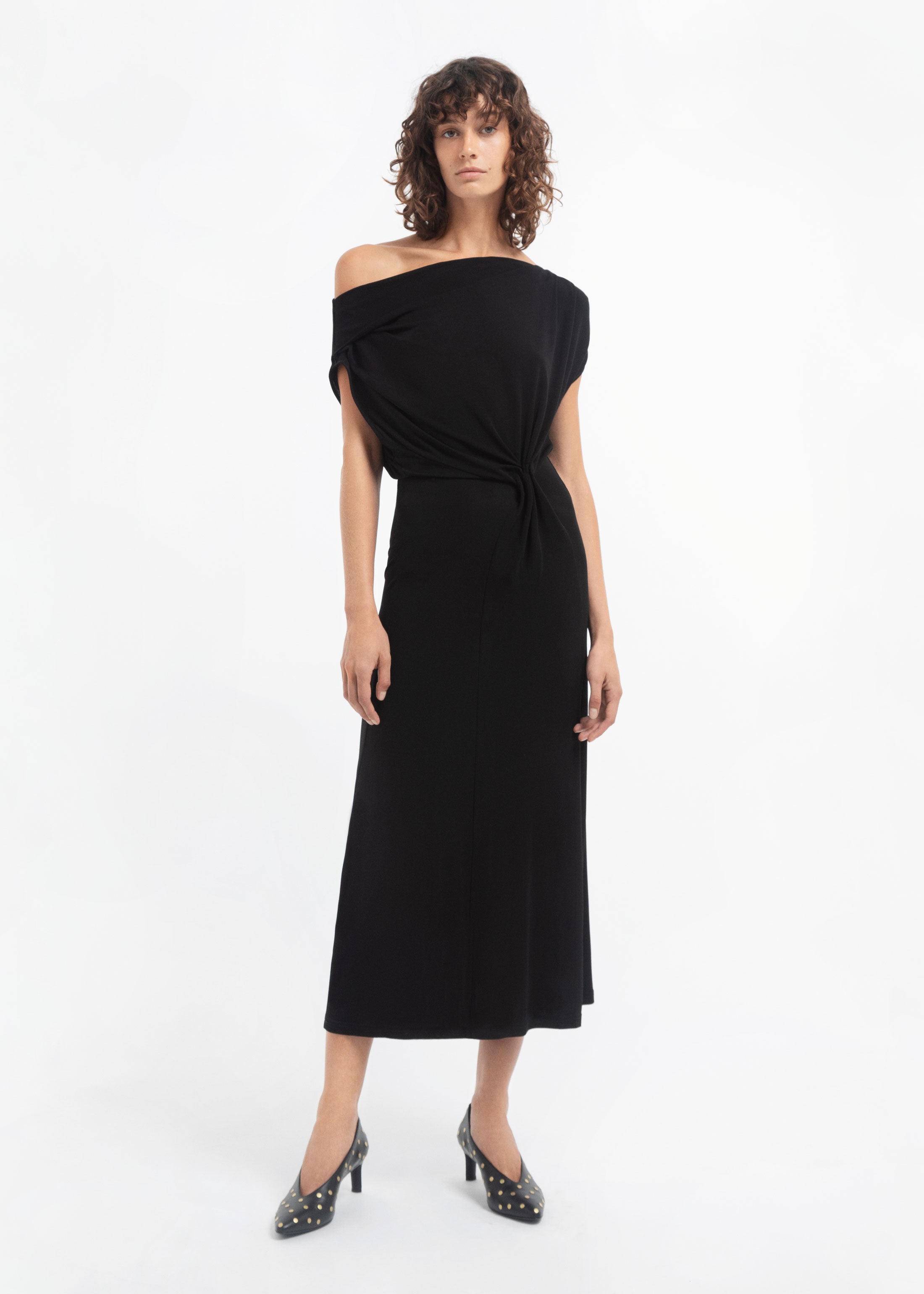 draped shoulder midi dress One Shoulder Draped Midi Dress Titanium