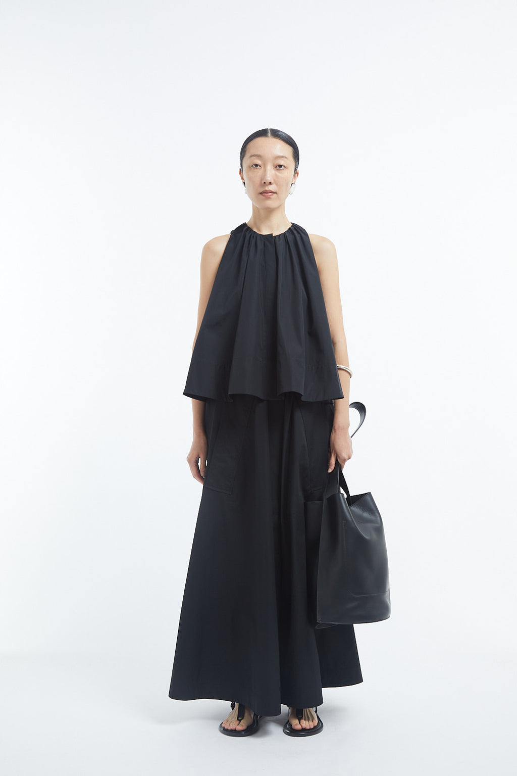 Gathered Tunic Shirt in Cotton Sateen - Black - CO