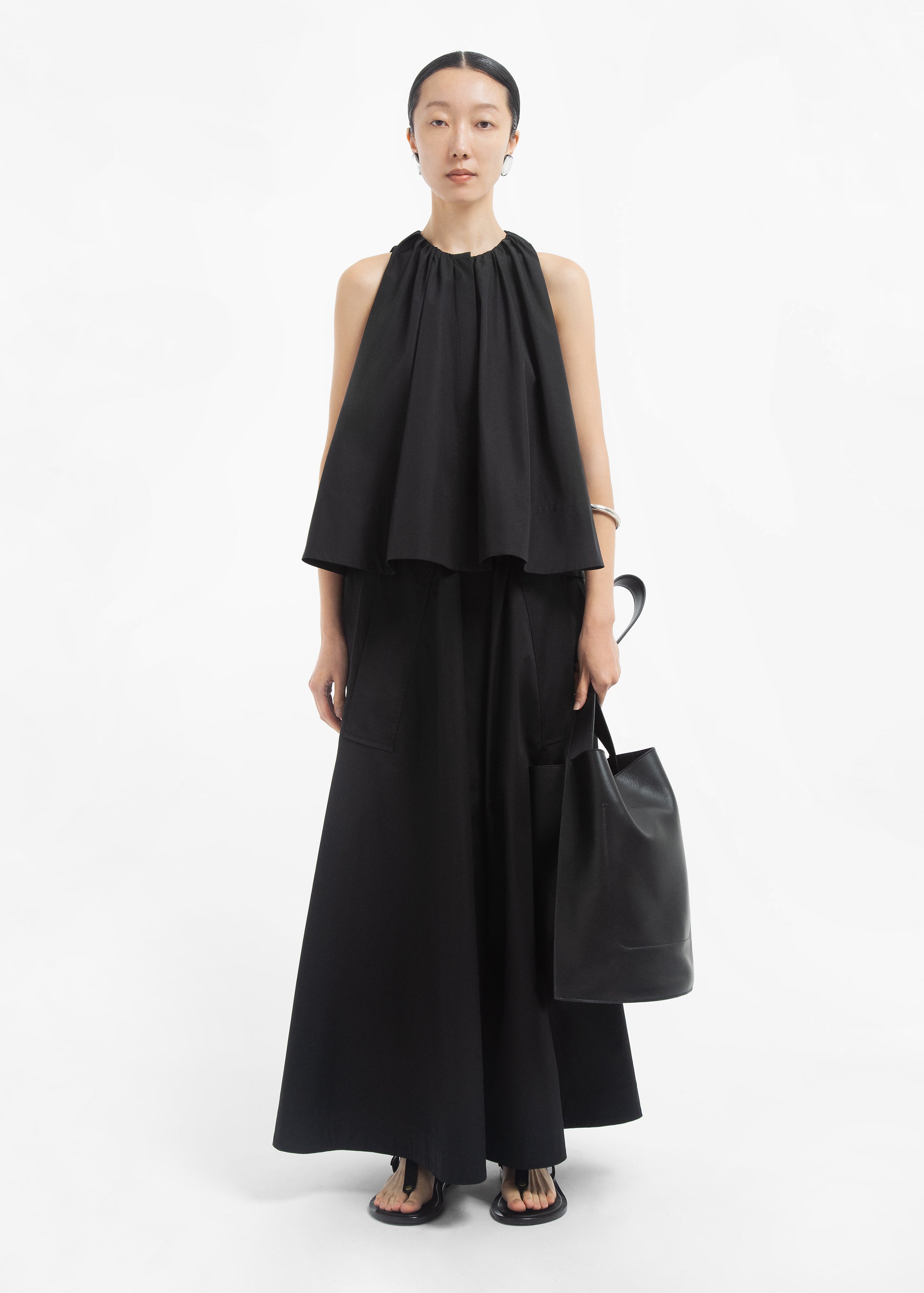 Gathered Tunic Shirt in Cotton Sateen - Black