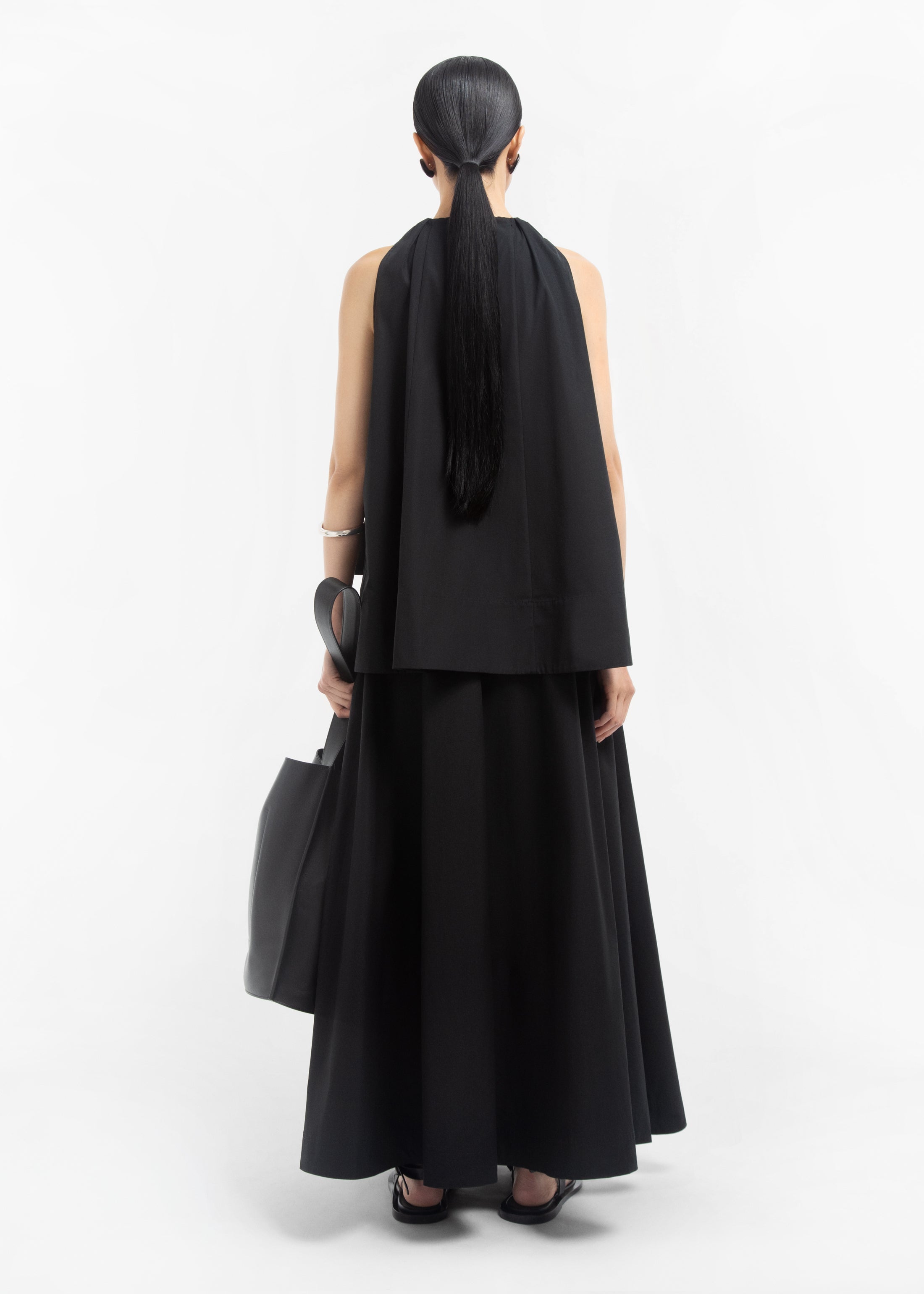 Gathered Tunic Shirt in Cotton Sateen - Black