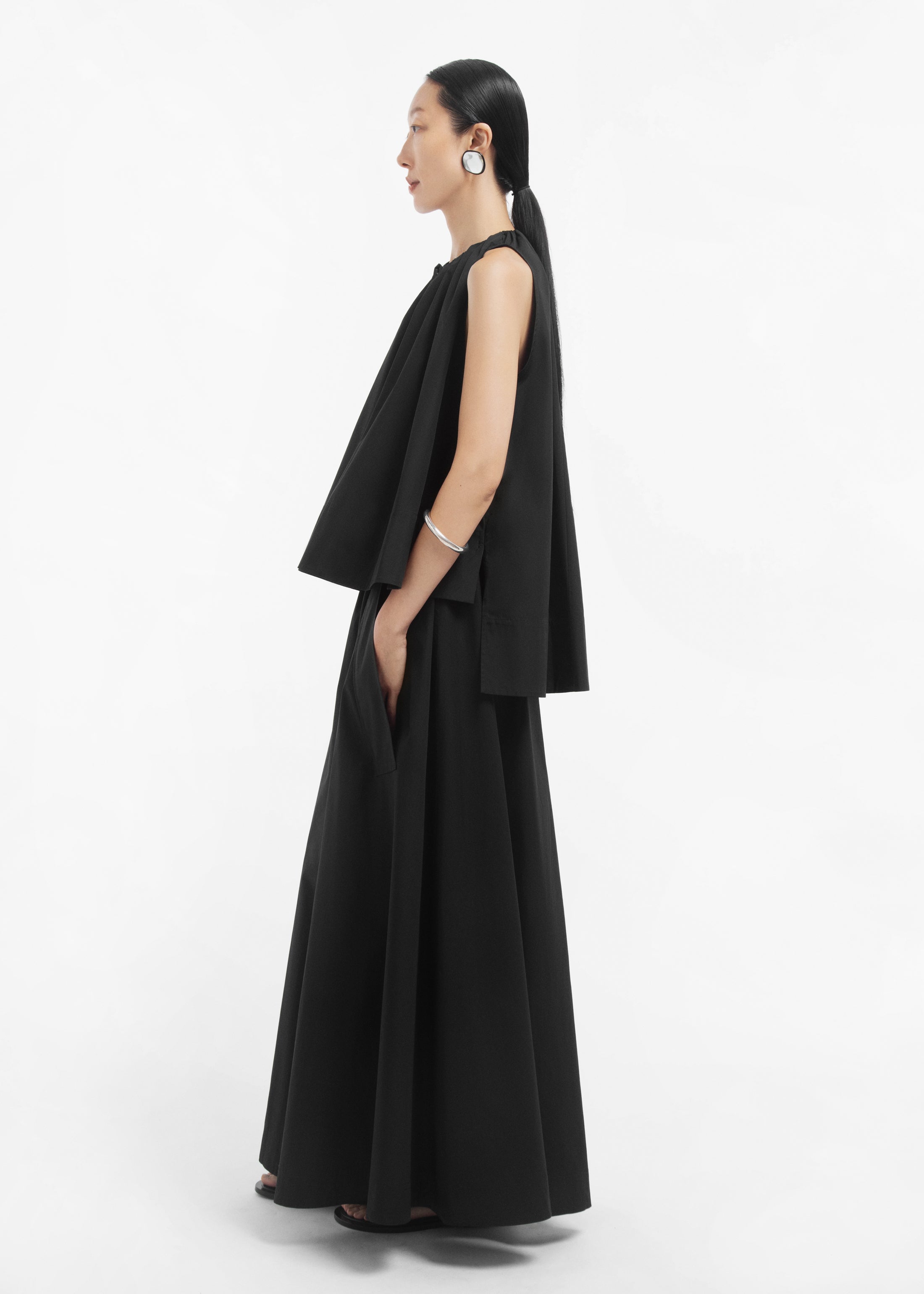 Gathered Tunic Shirt in Cotton Sateen - Black