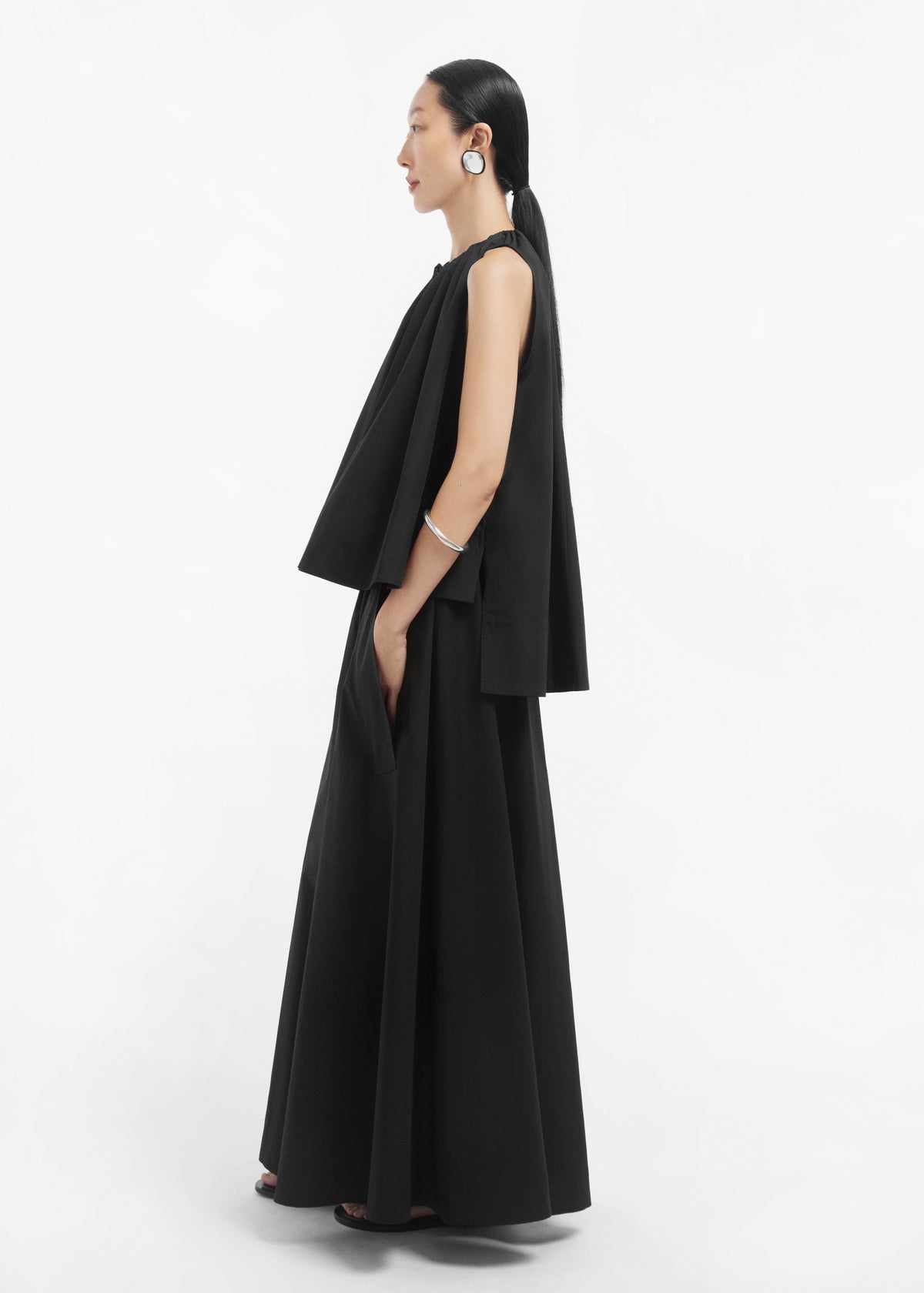 Gathered Tunic Shirt in Cotton Poplin - Black, image 3 of 5