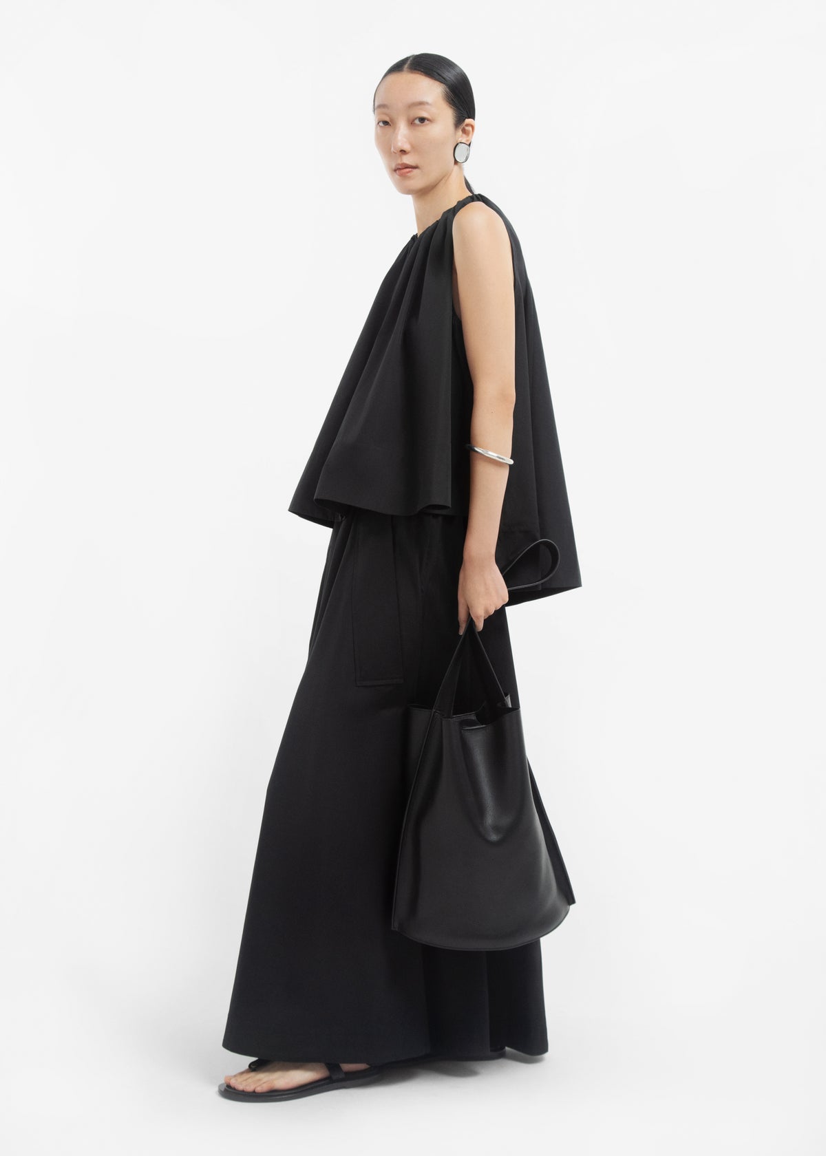 Gathered Tunic Shirt in Cotton Poplin - Black, image 1 of 5