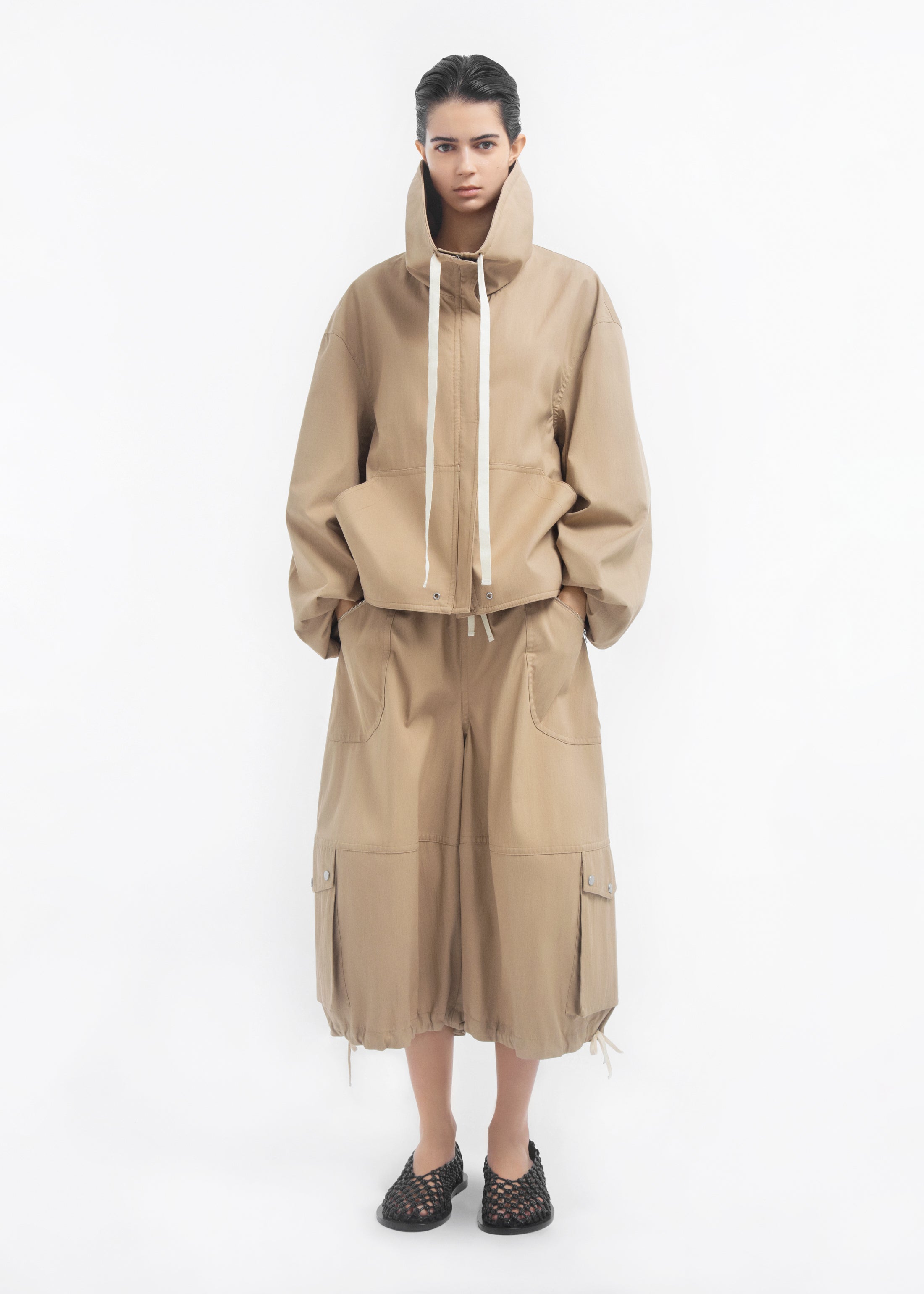 Rolled Collar Jacket in Cotton Twill - Camel