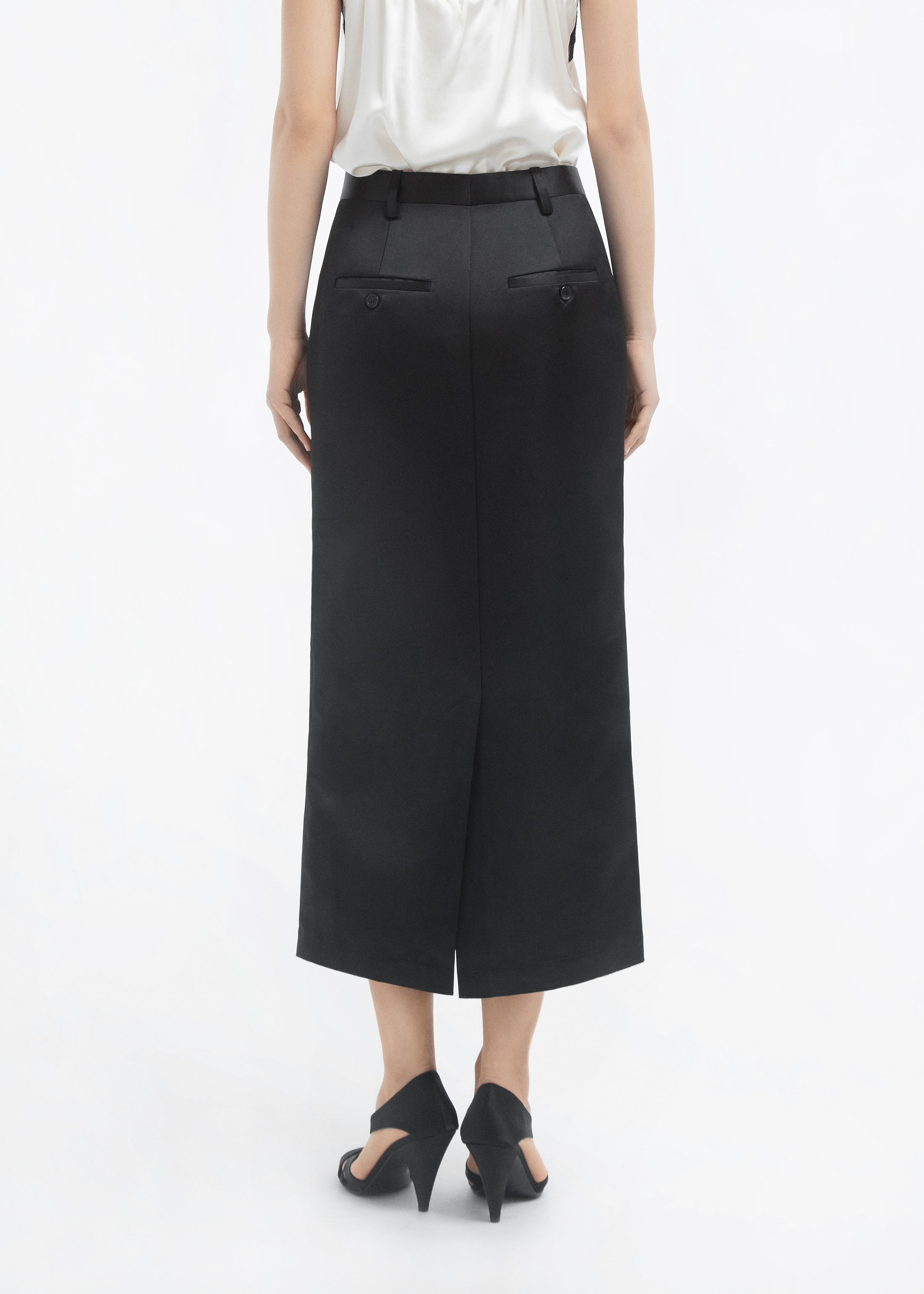 Tailored Pencil Skirt in Duchess Satin - Black