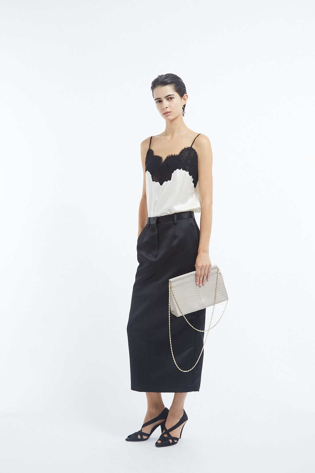 Tailored Pencil Skirt in Duchess Satin - Black - CO