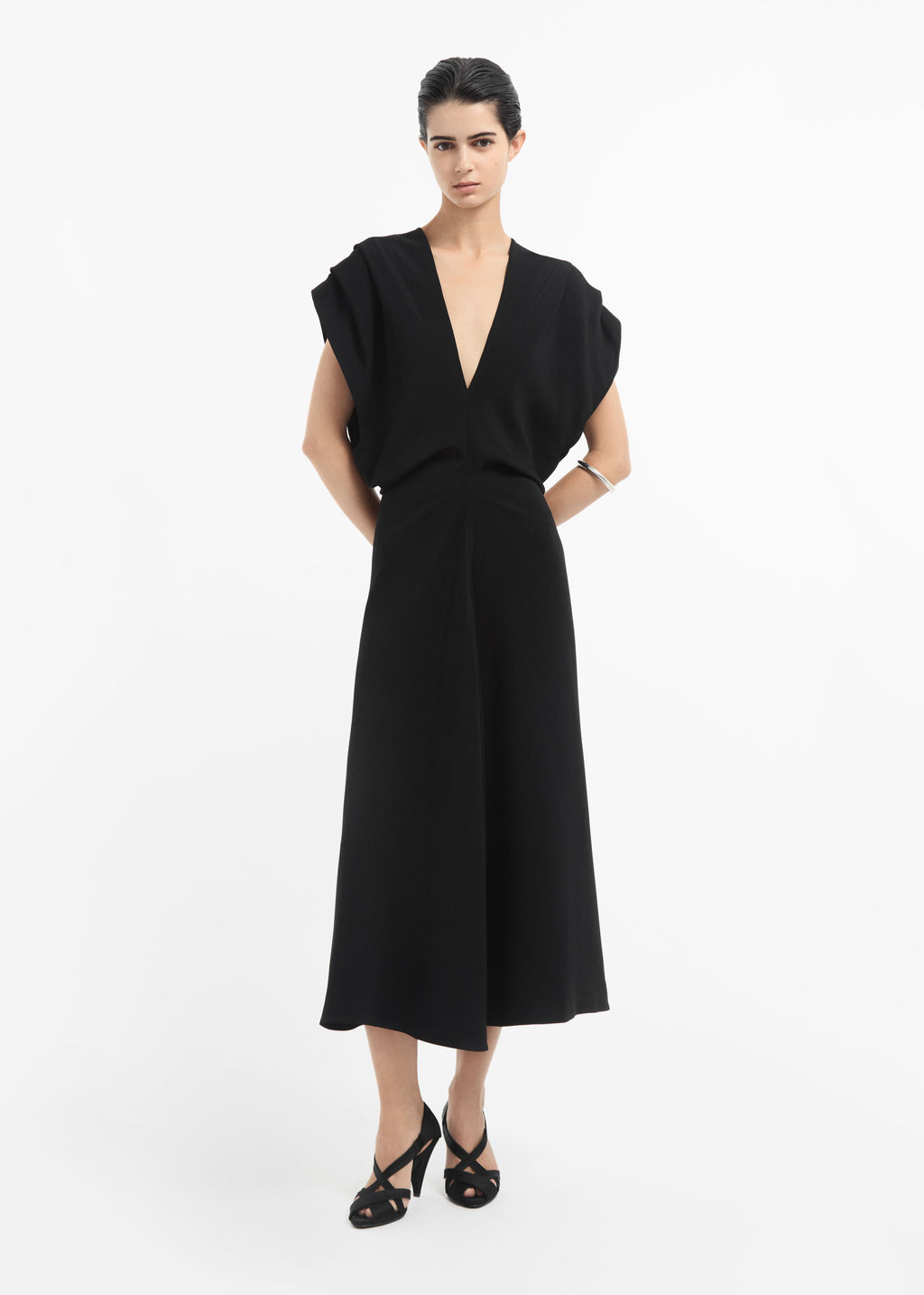 Draped Shoulder V-Neck Dress in Viscose - Black - CO