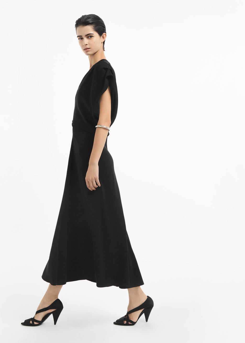 Draped Shoulder V-Neck Dress in Viscose - Black - CO