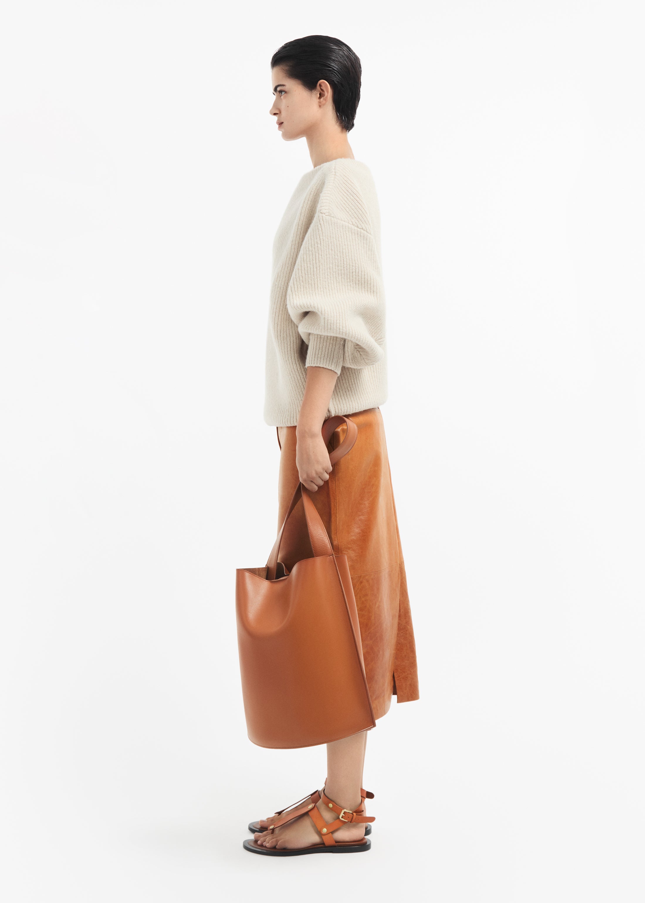 Leather Tailored Pencil Skirt - Cognac