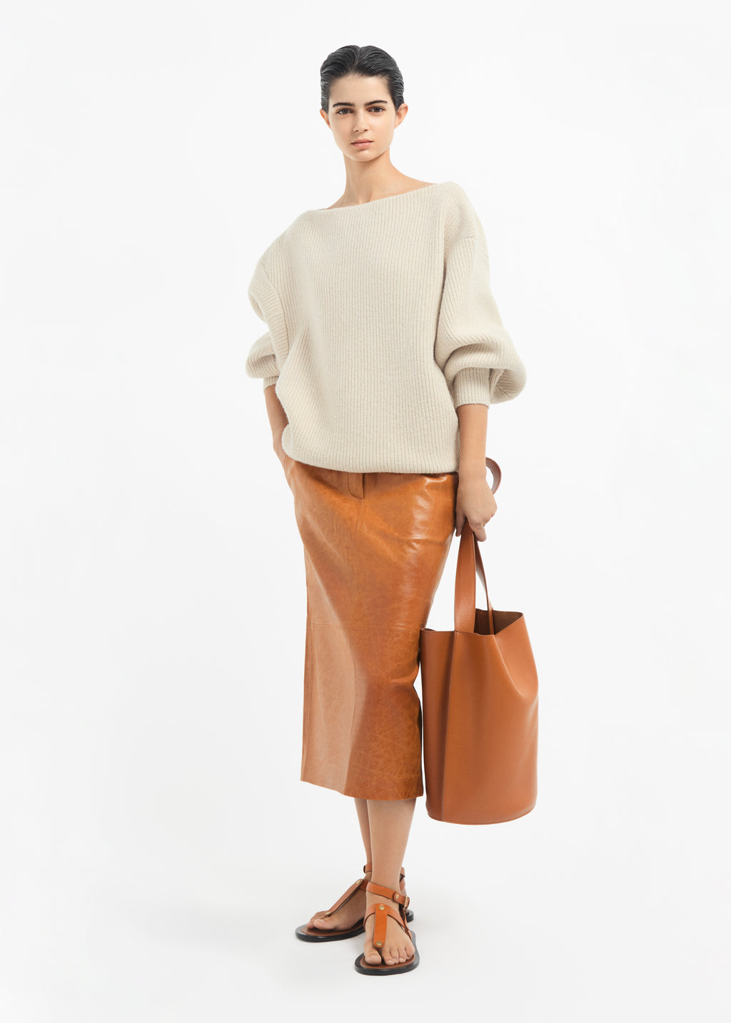 Leather Tailored Pencil Skirt - Cognac - CO