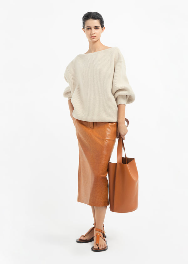 Leather Tailored Pencil Skirt - Cognac - CO