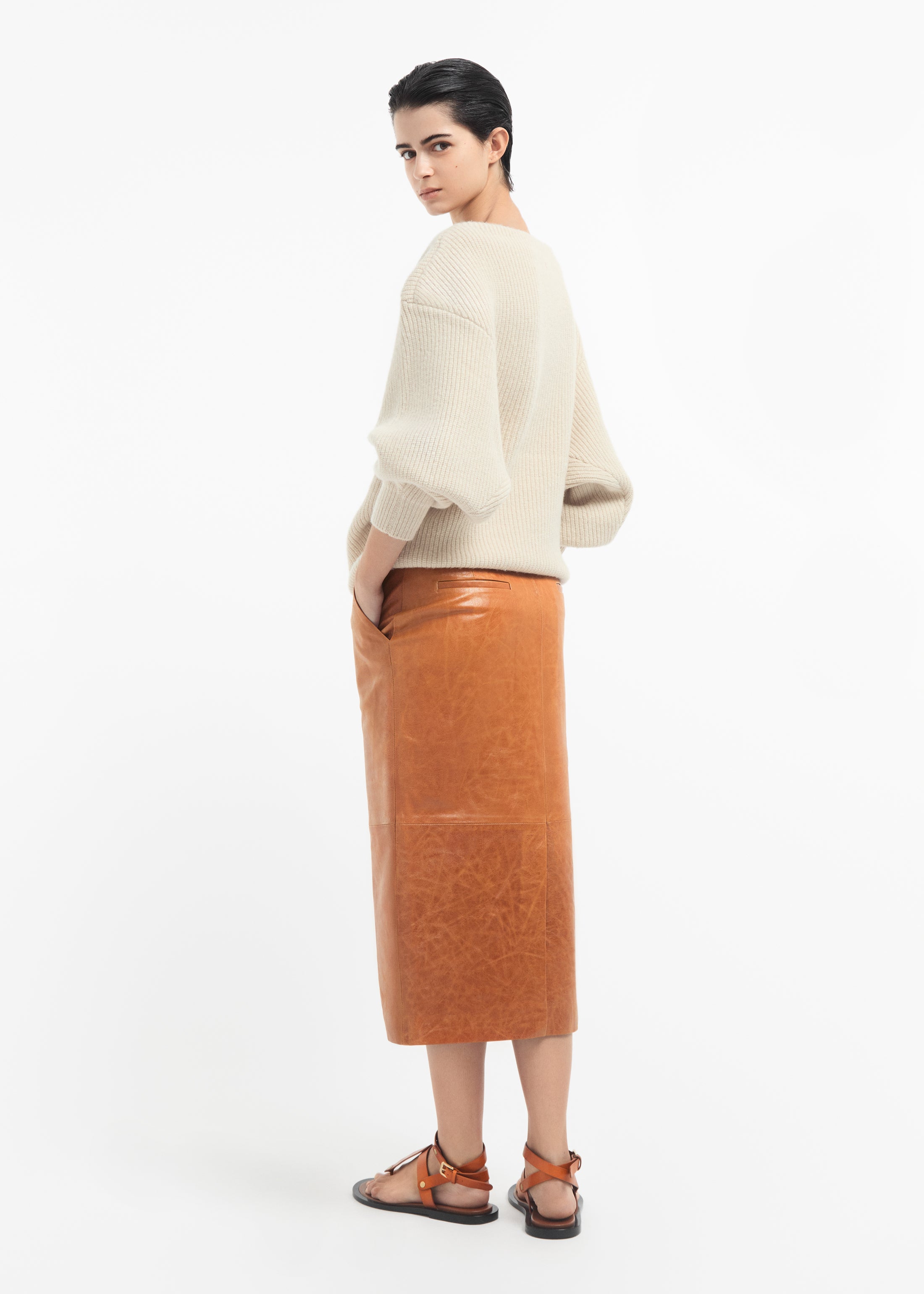 Leather Tailored Pencil Skirt - Cognac