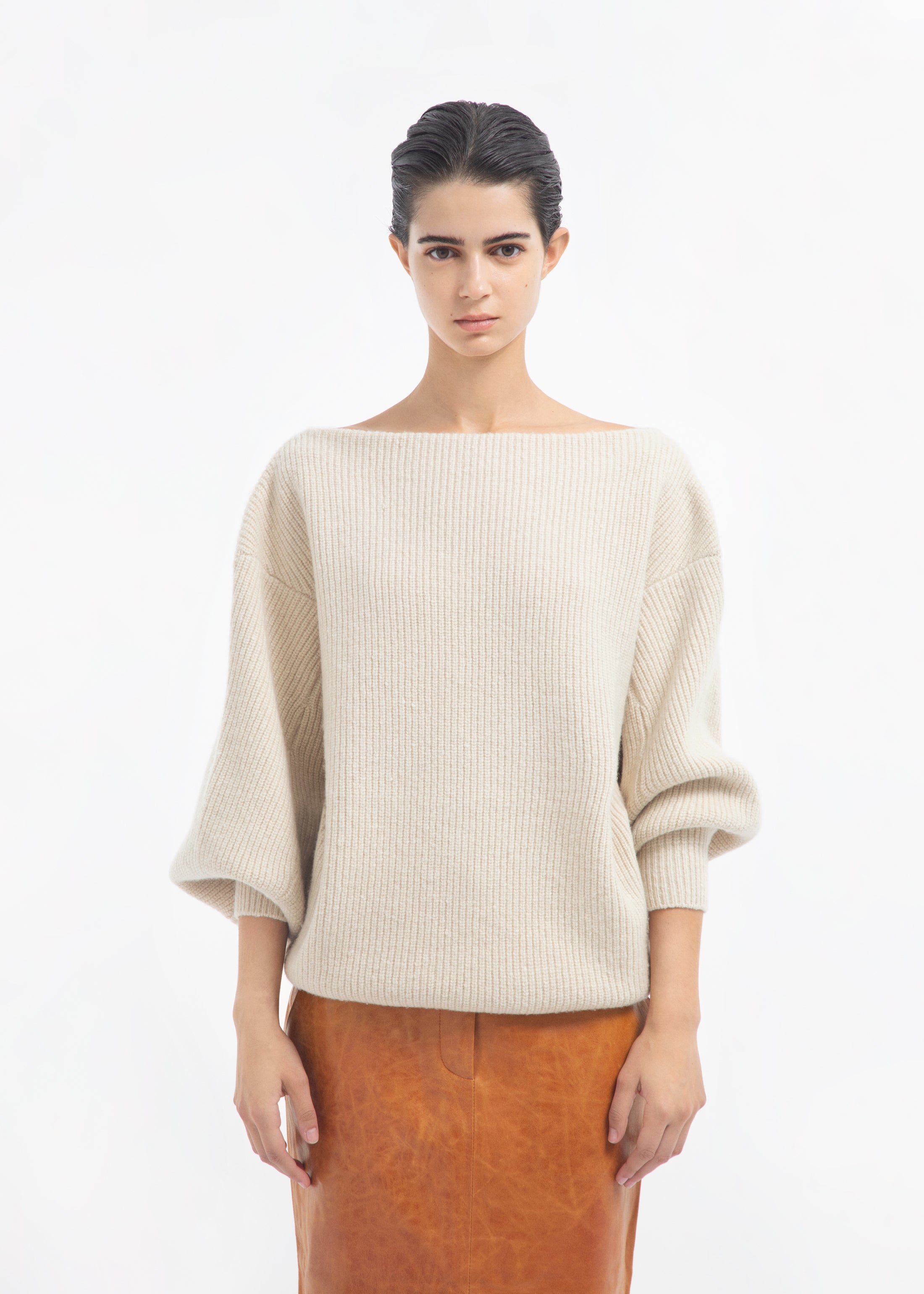 Oversized Boatneck Sweater in Wool Cashmere - Ivory