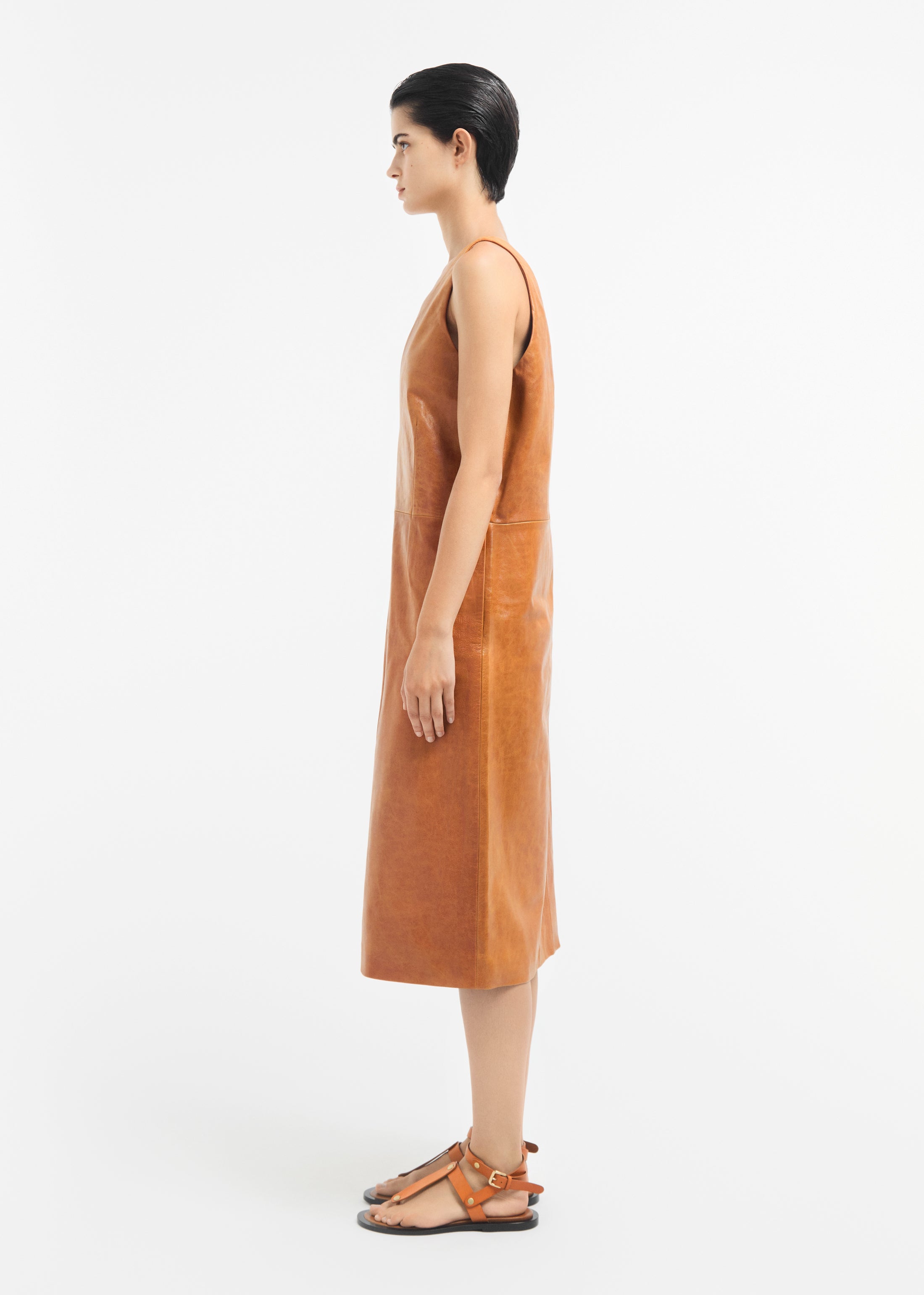 Leather V-Neck Dress - Cognac