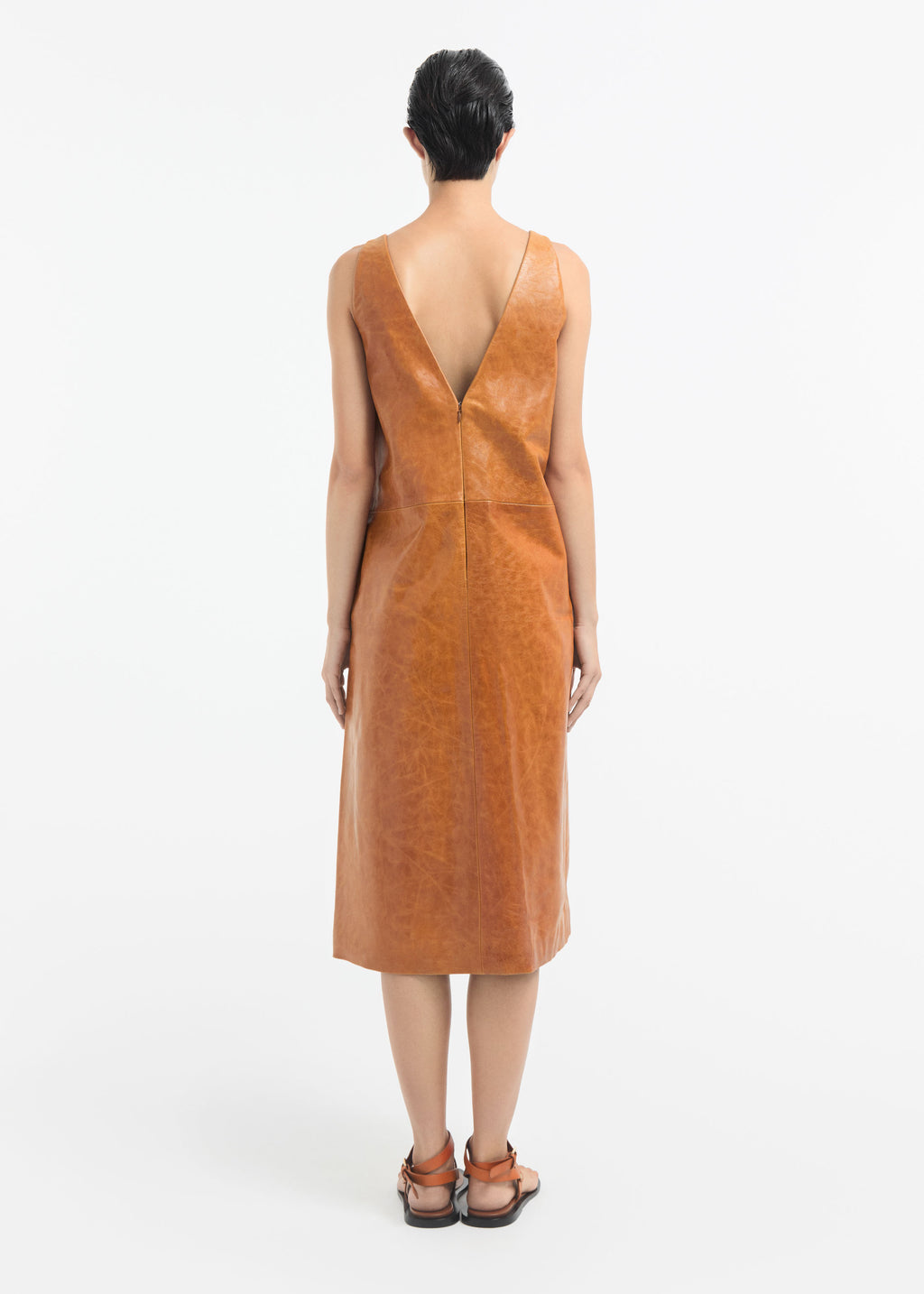 Leather V-Neck Dress - Cognac - CO