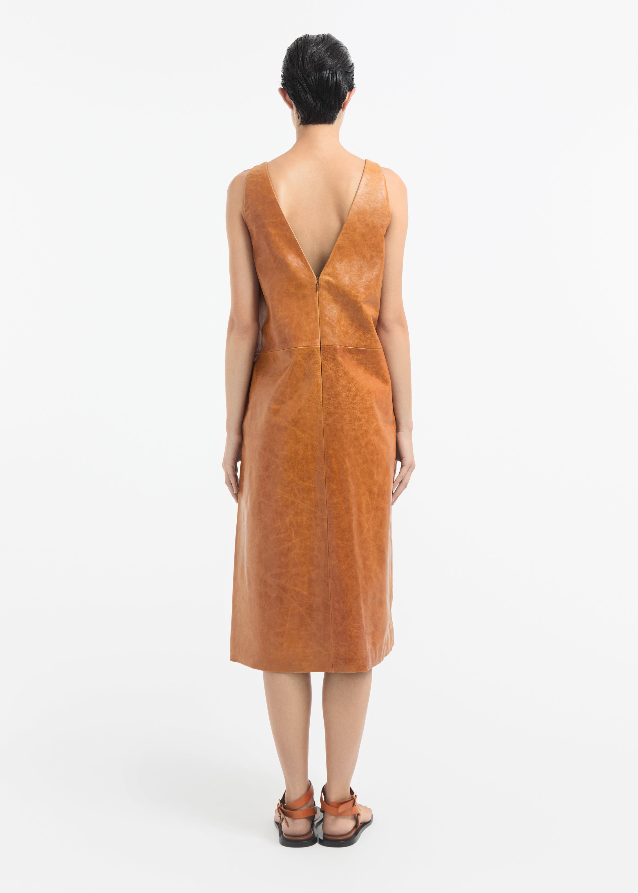 Leather V-Neck Dress - Cognac