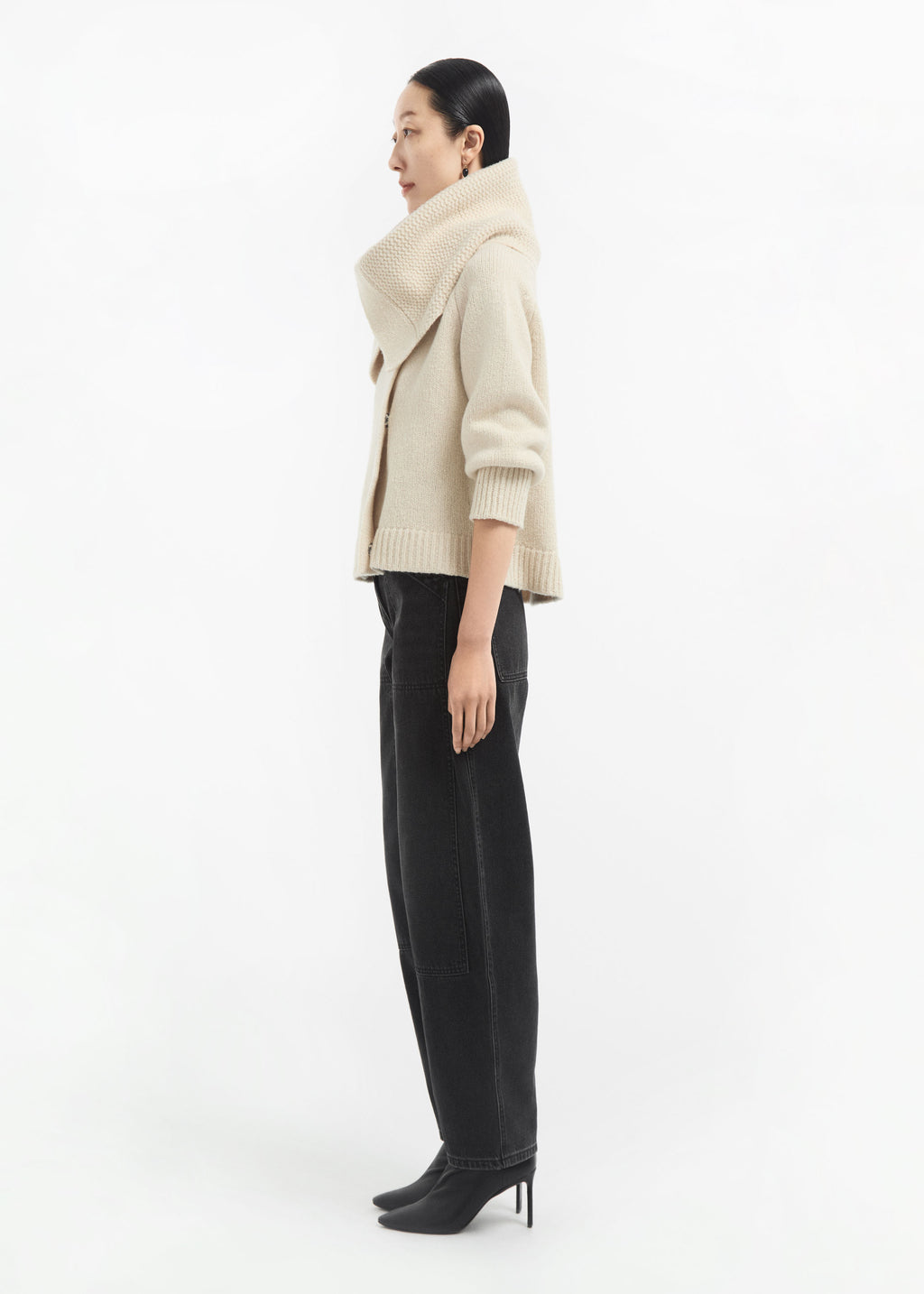 Funnel Neck Knit Cardigan in Wool Cashmere - Ivory - CO