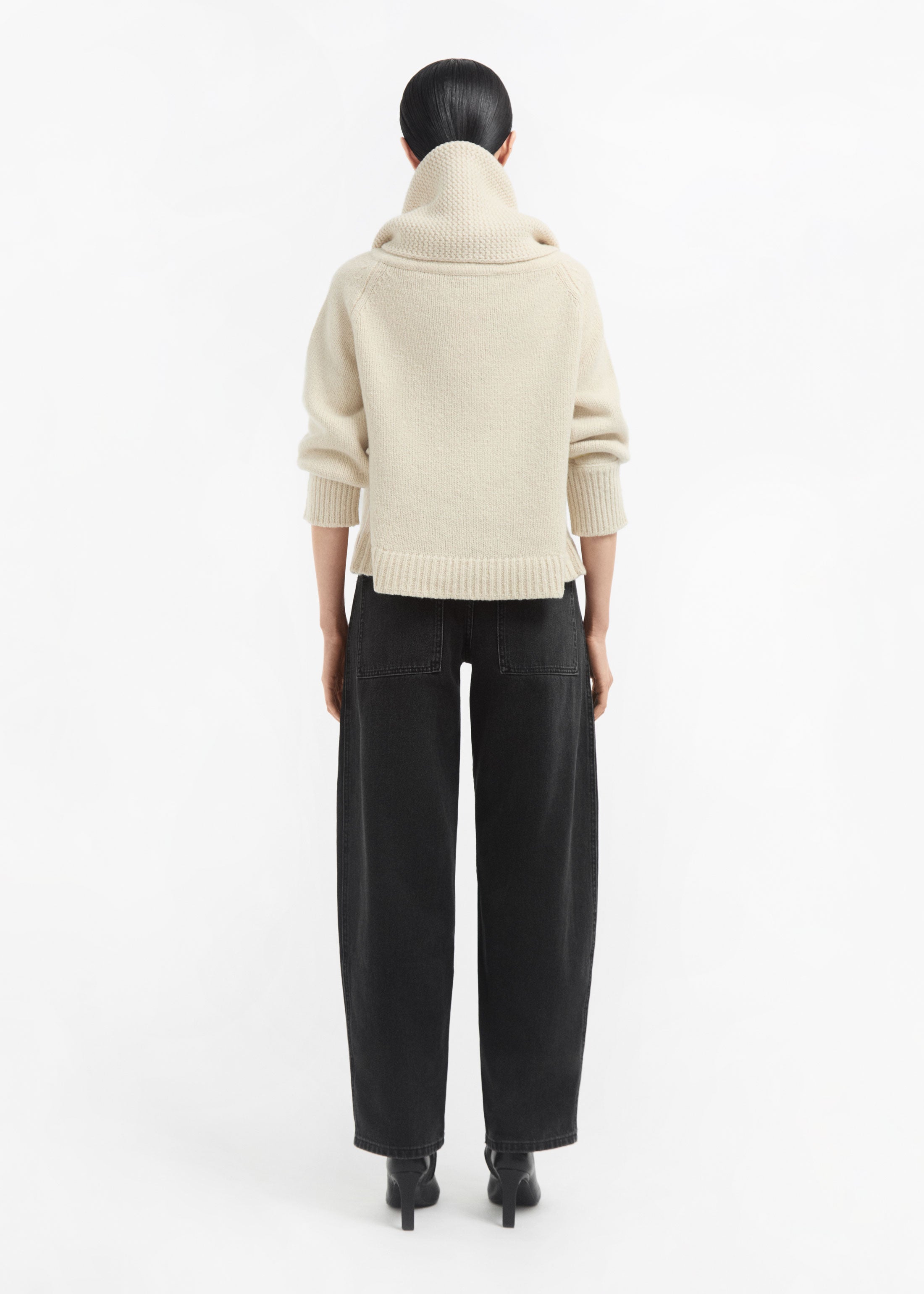 Funnel Neck Knit Cardigan in Wool Cashmere - Ivory