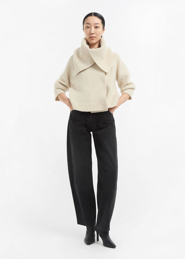 Funnel Neck Knit Cardigan in Wool Cashmere - Ivory - CO