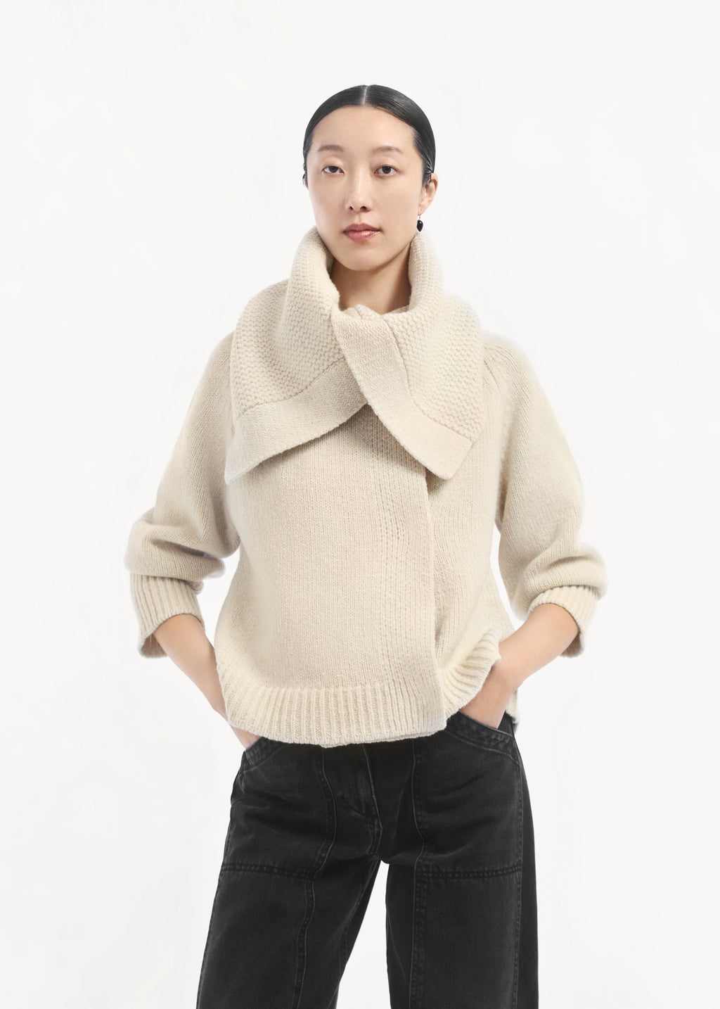 Funnel Neck Knit Cardigan in Wool Cashmere - Ivory - CO