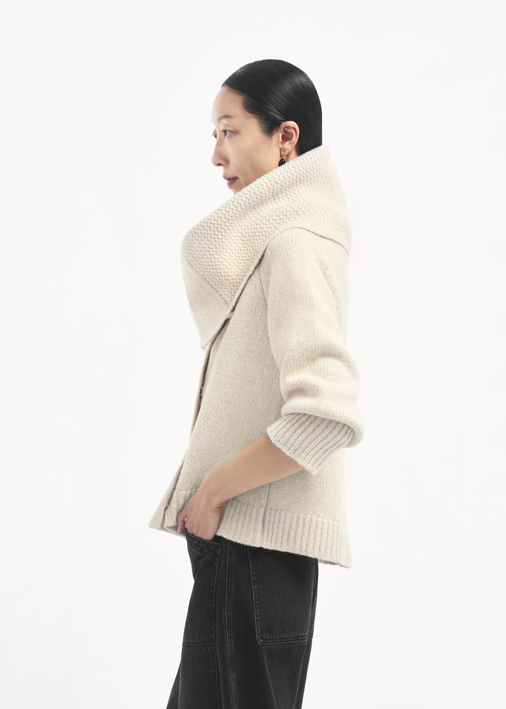 Funnel Neck Knit Cardigan in Wool Cashmere - Ivory - CO
